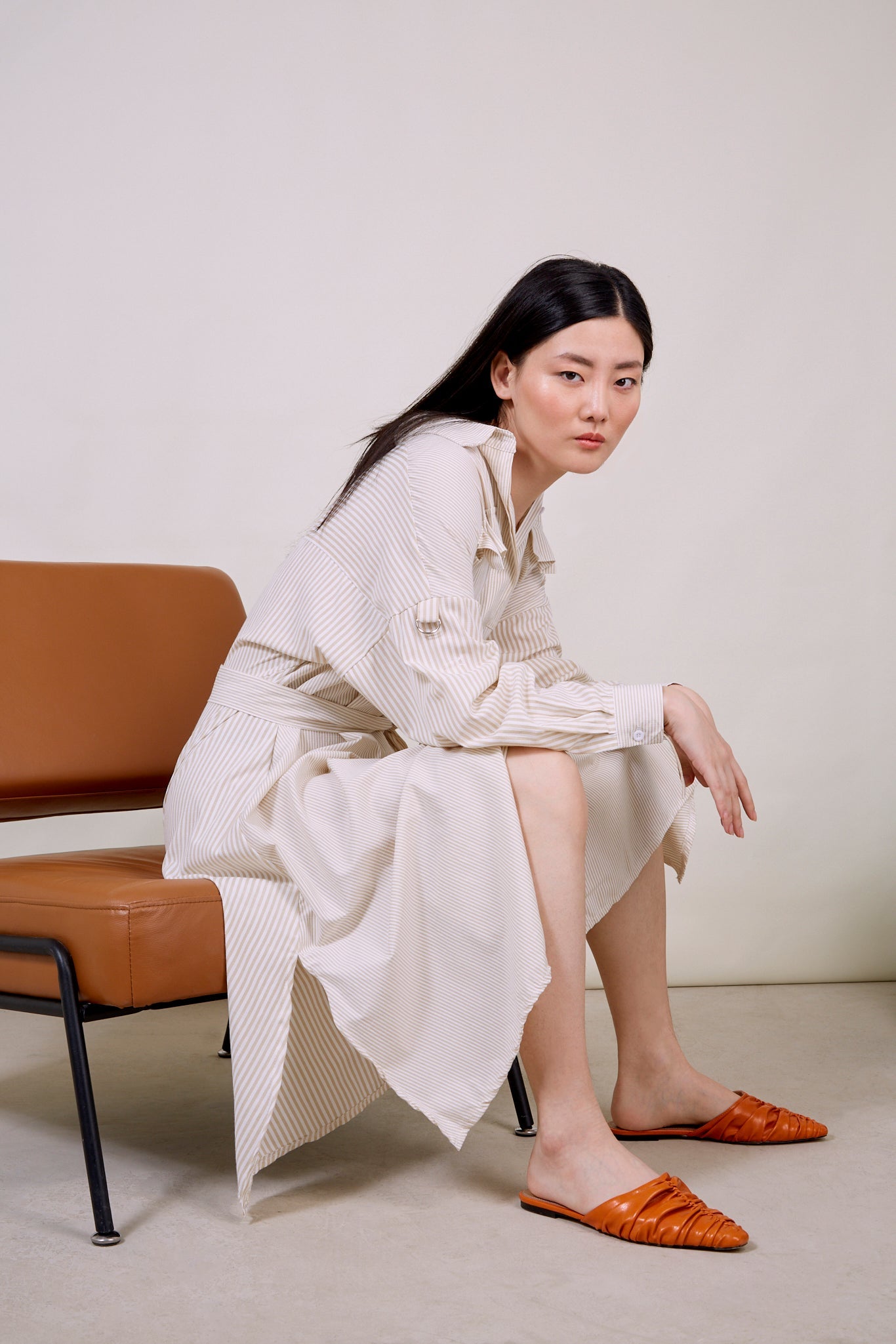 Beige and white contrast thin striped tie waist dress_1