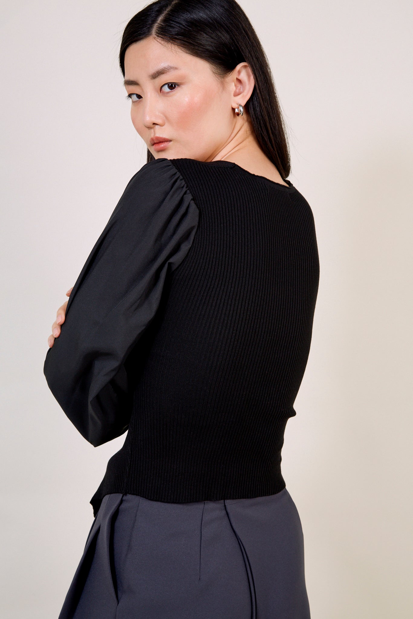 Black contrast satin sleeved top_3