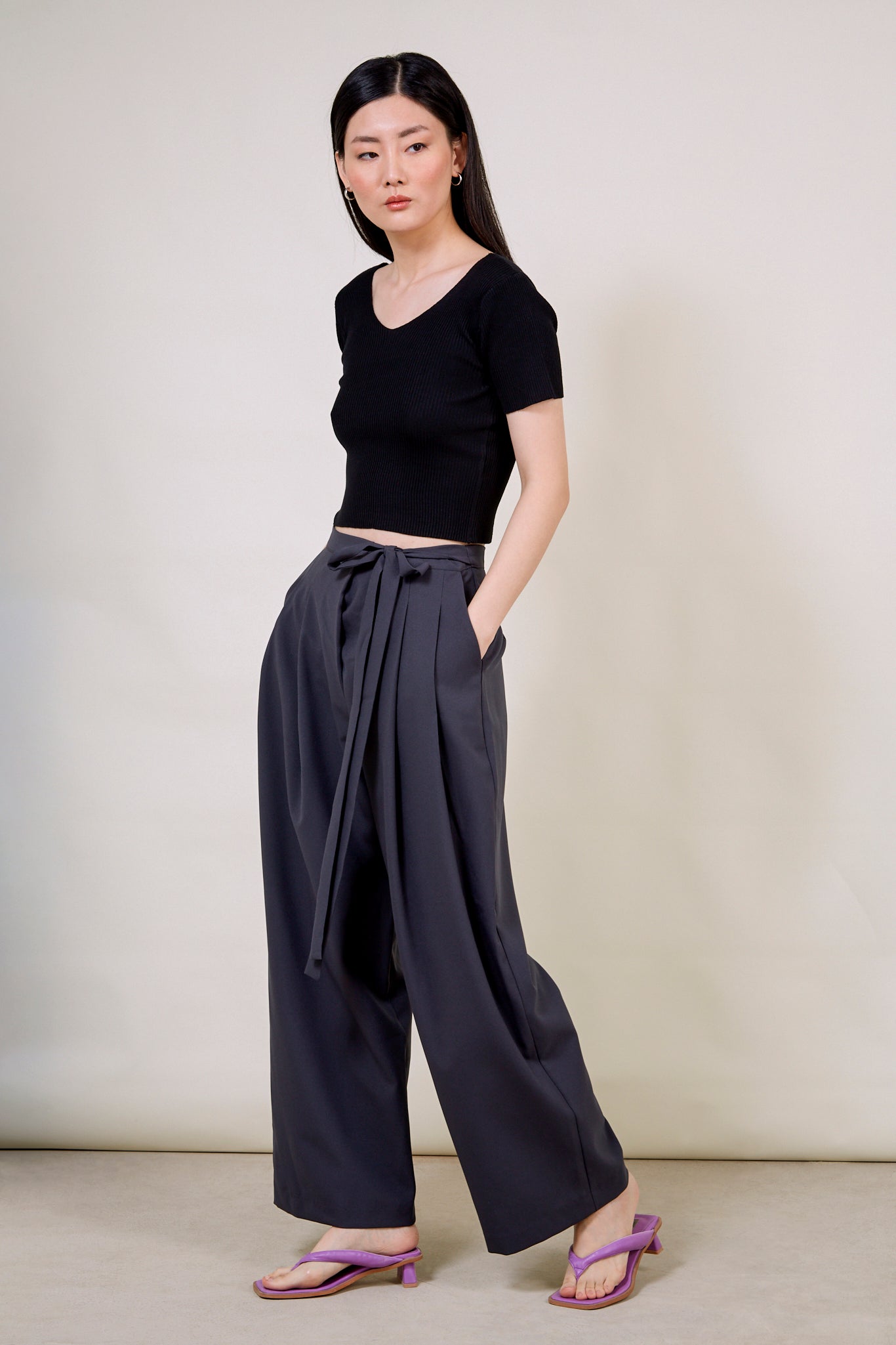 Charcoal grey tie waist trousers_3
