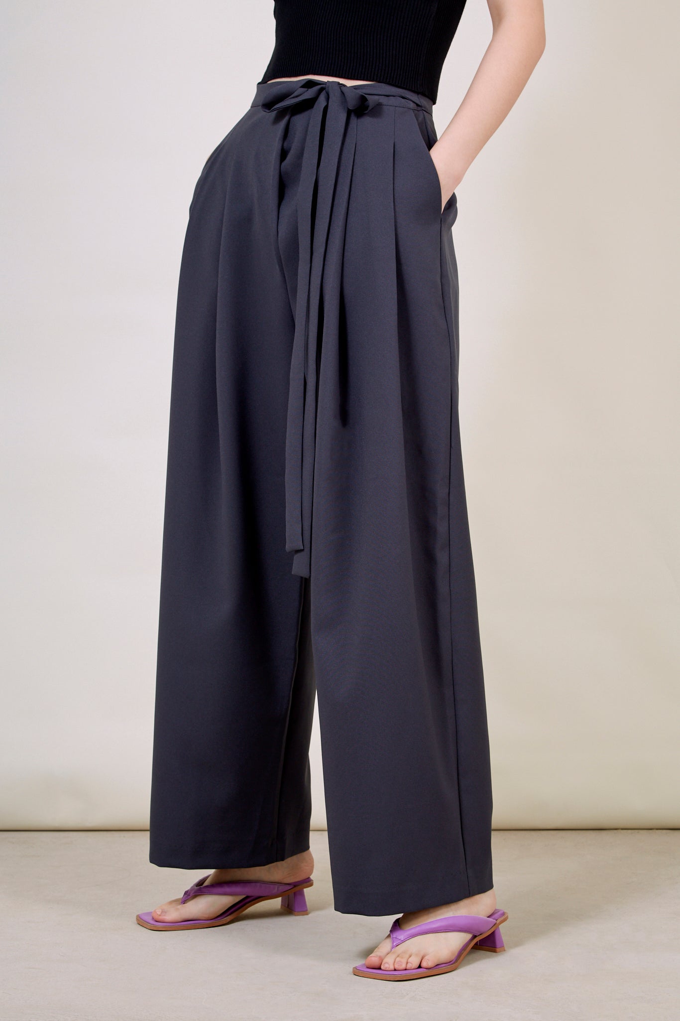 Charcoal grey tie waist trousers_1