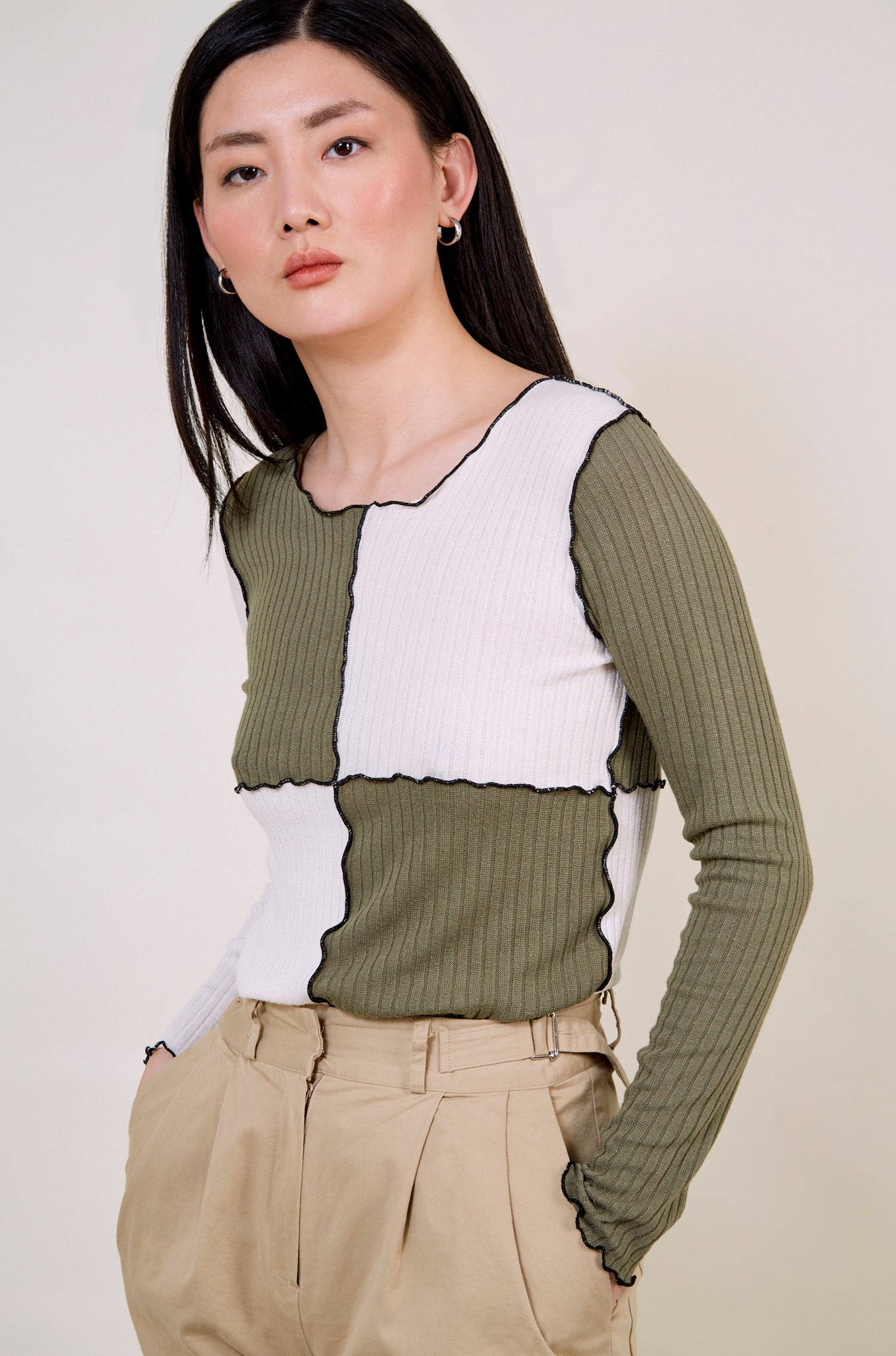 Khaki and white contrast blocks top_1