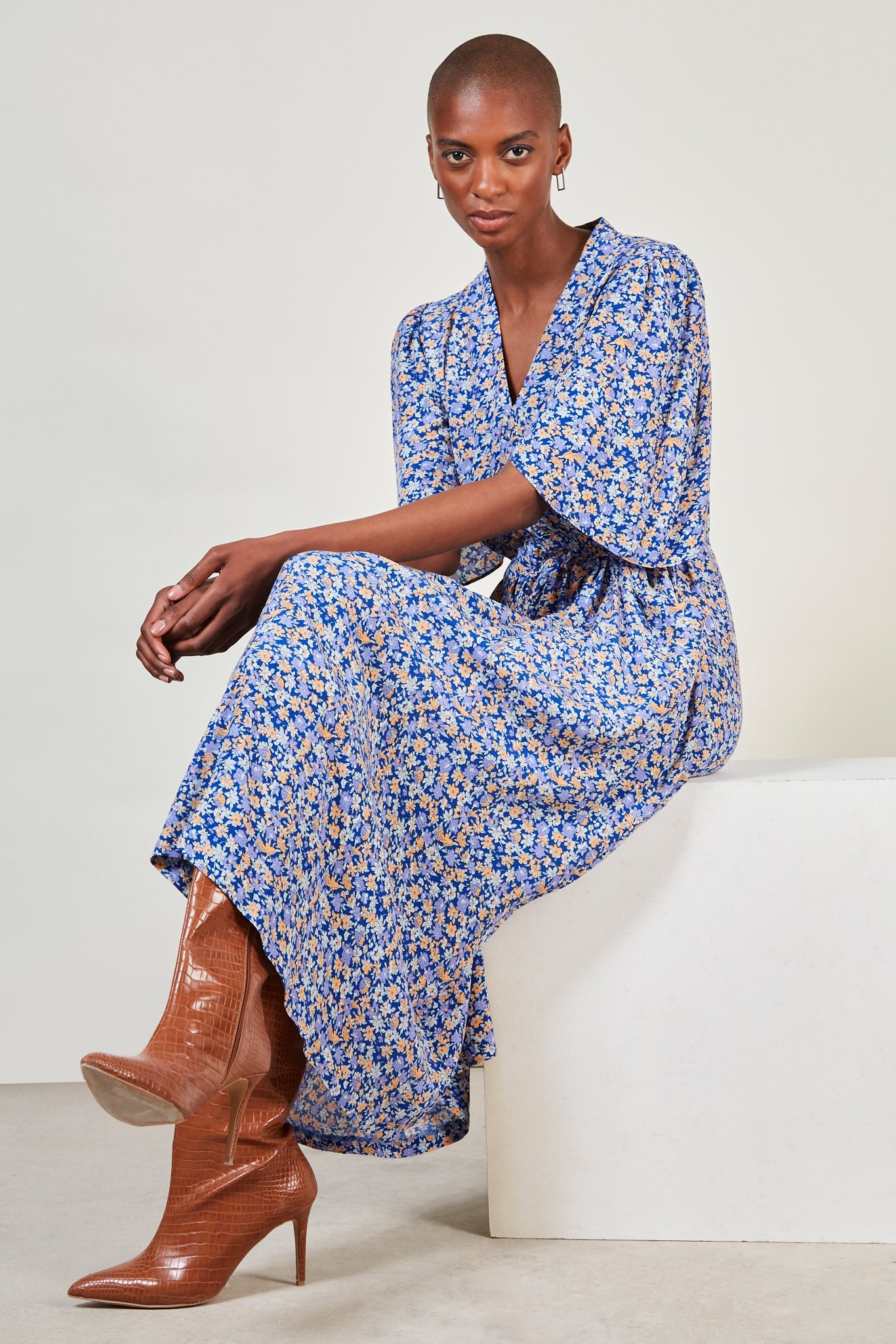 Blue and pink floral print tie back maxi dress_1