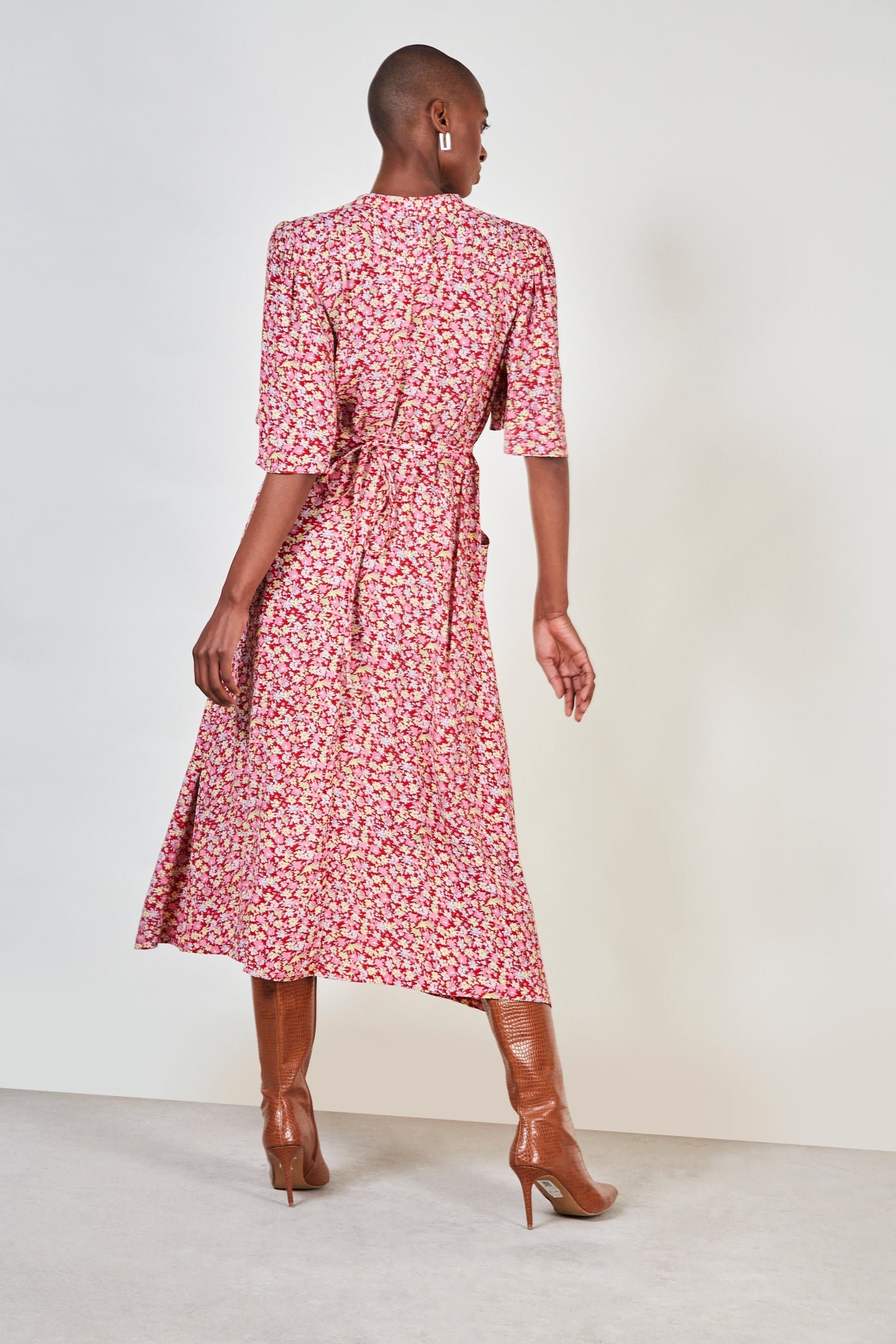 Red and yellow floral print tie back maxi dress_3