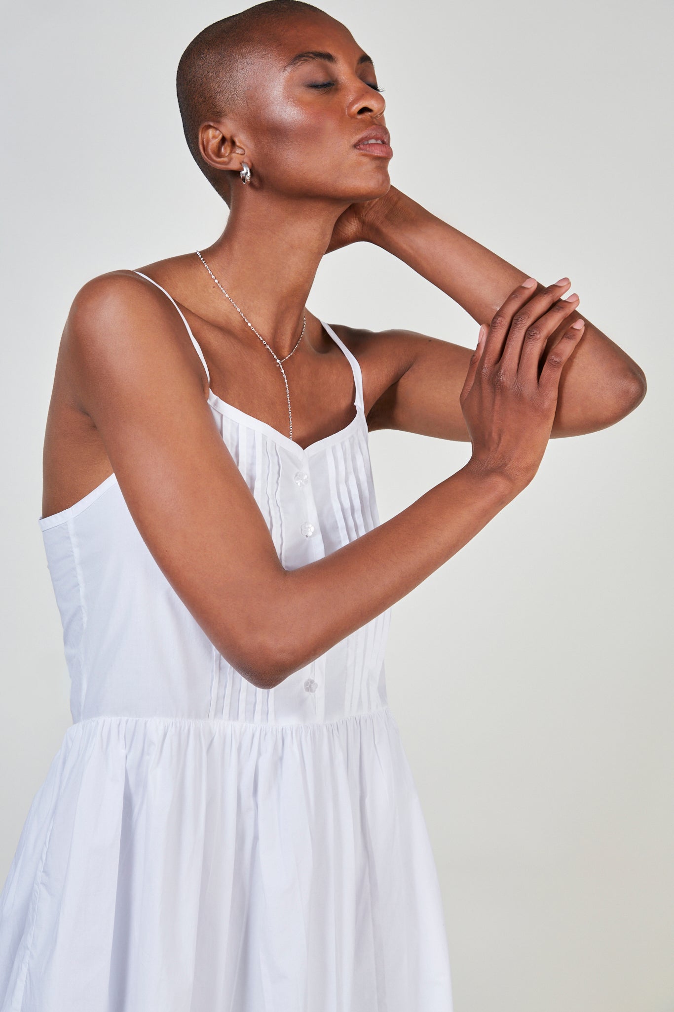 White pleat detail button front tank dress_4