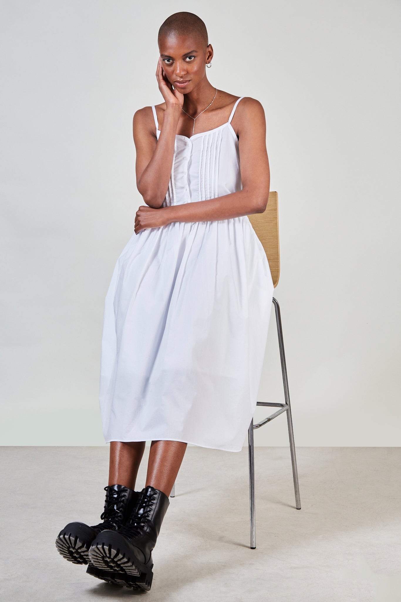 White pleat detail button front tank dress_1