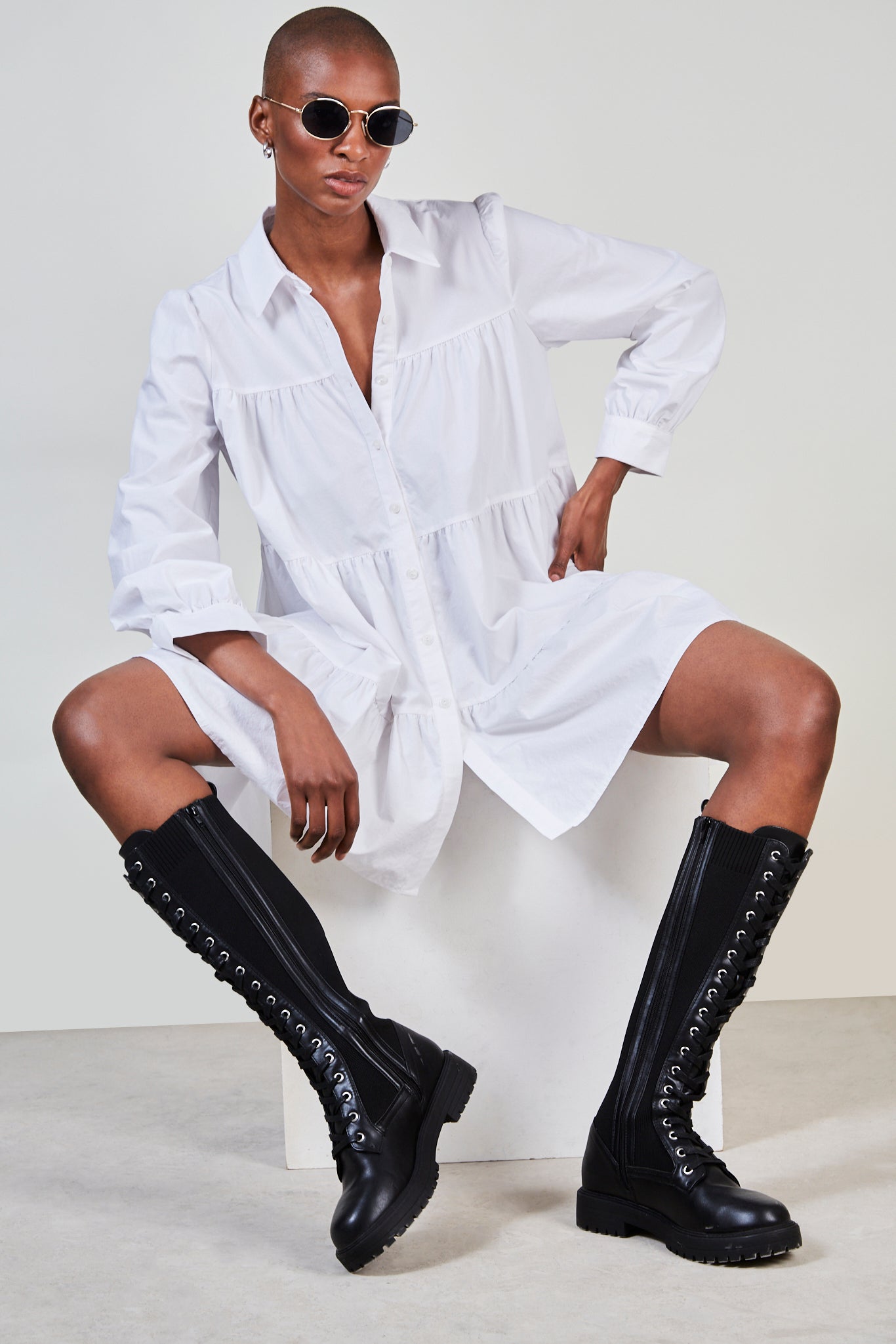 White tiered shirt dress_3