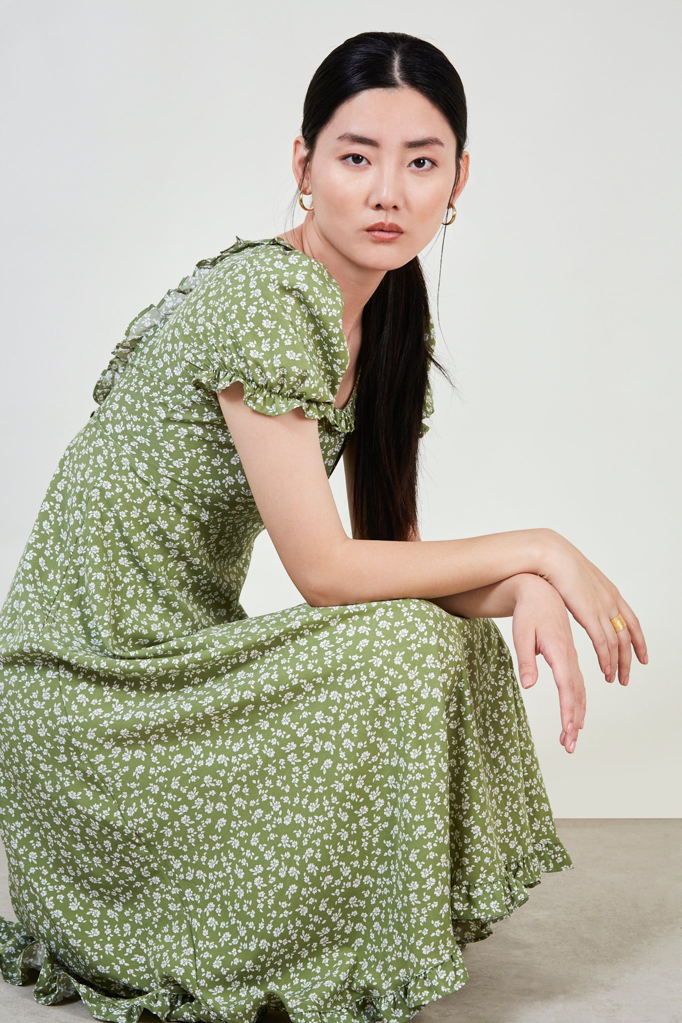 Green floral print lace up back dress_3