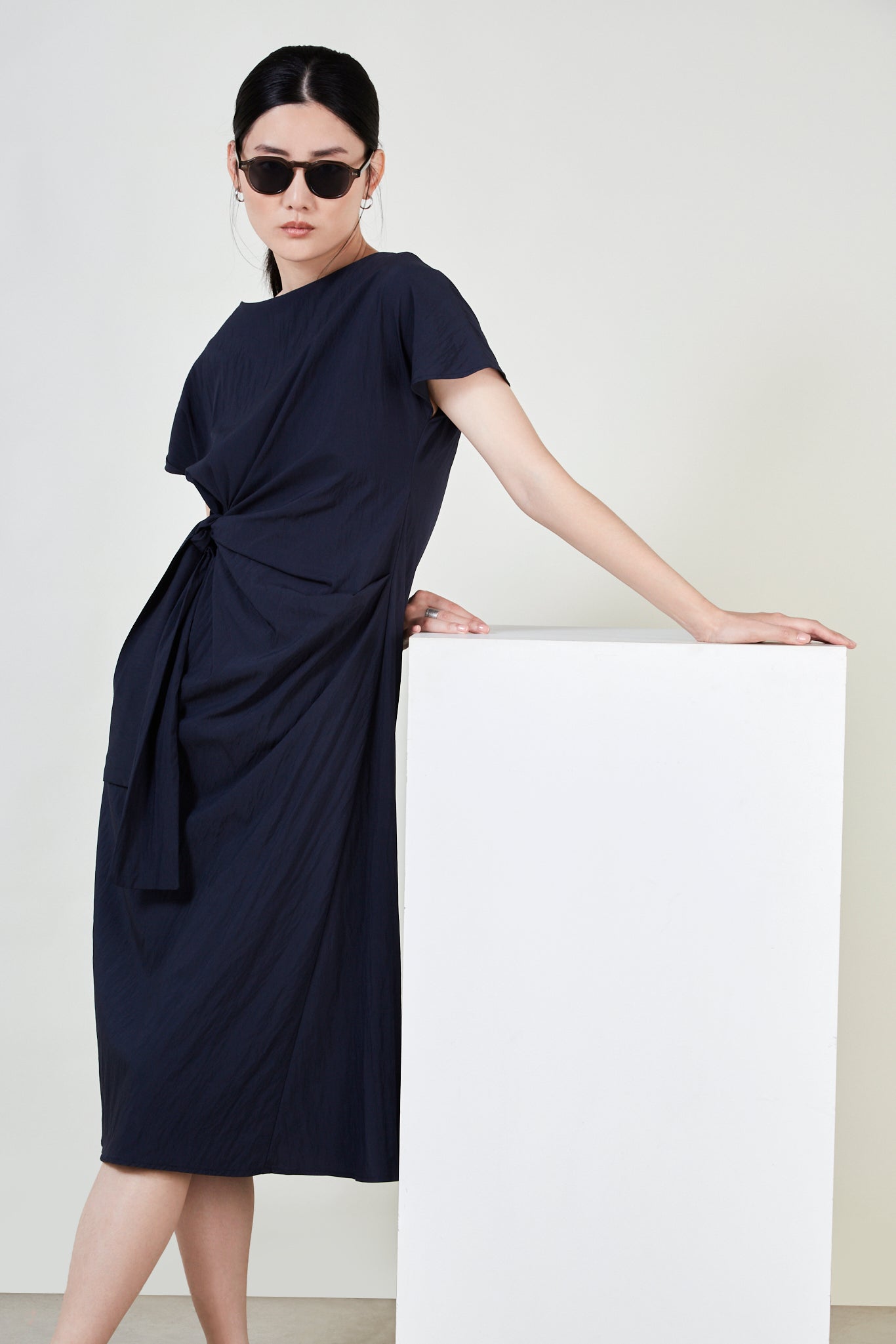 Navy draped side tie dress_1