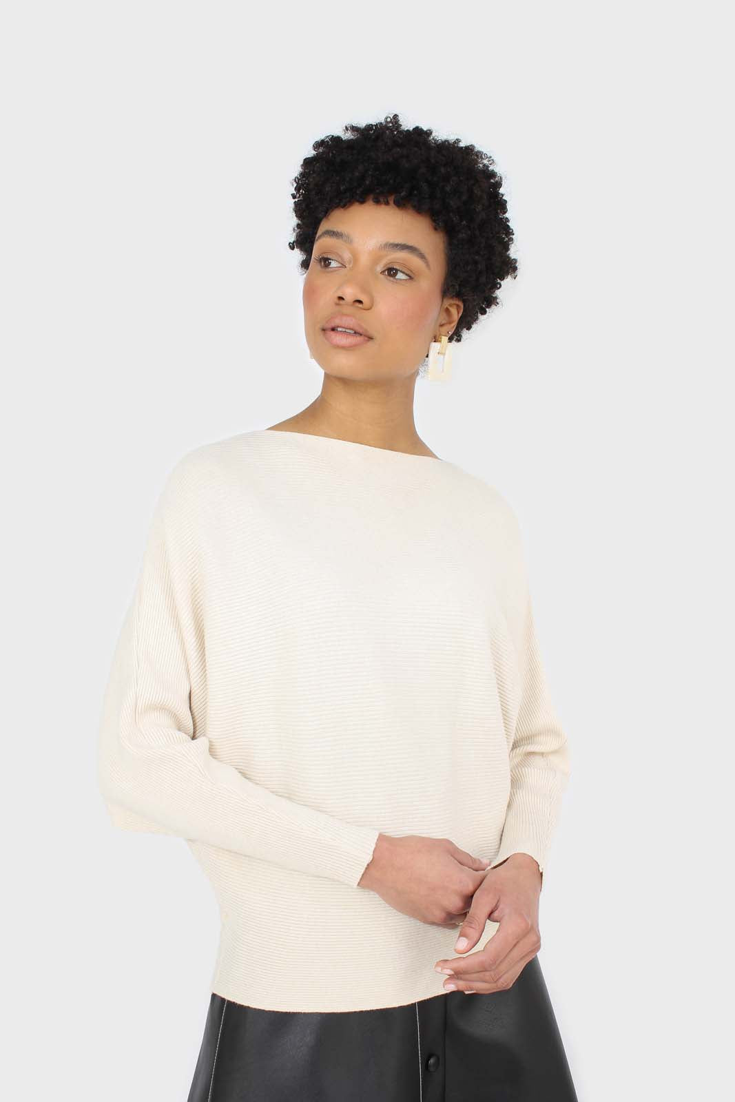 Beige long horizontal rib wide fit jumper_1