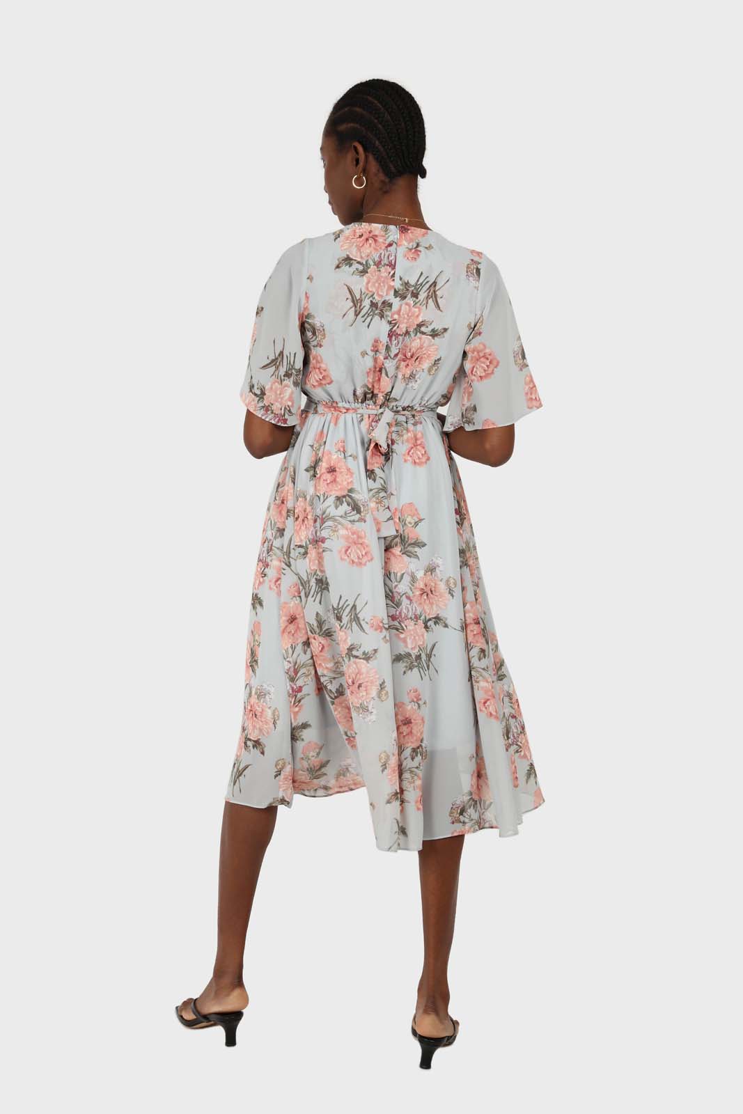 Pale blue and pink floral print layered V dress_2