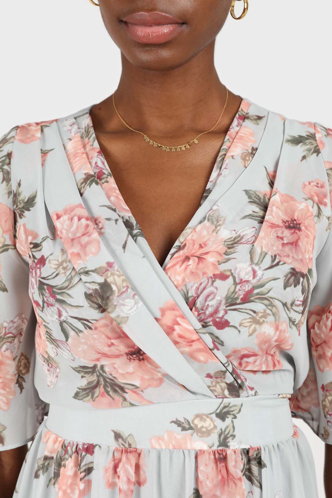 Pale blue and pink floral print layered V dress_3