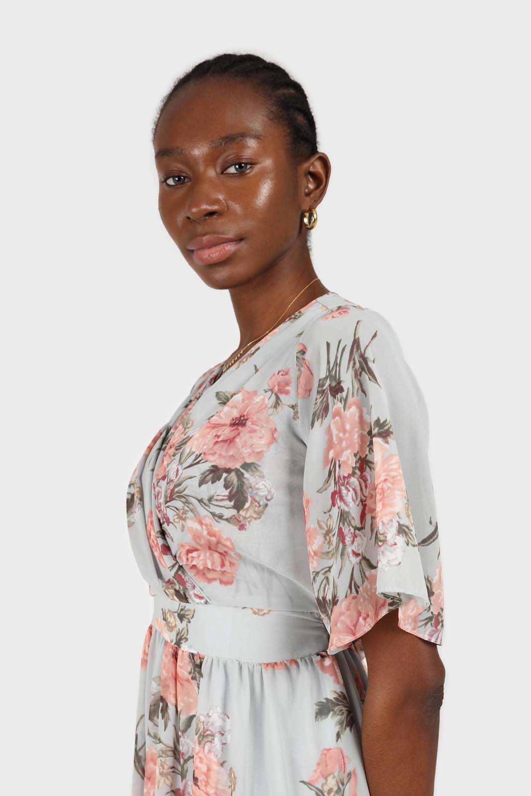 Pale blue and pink floral print layered V dress_7