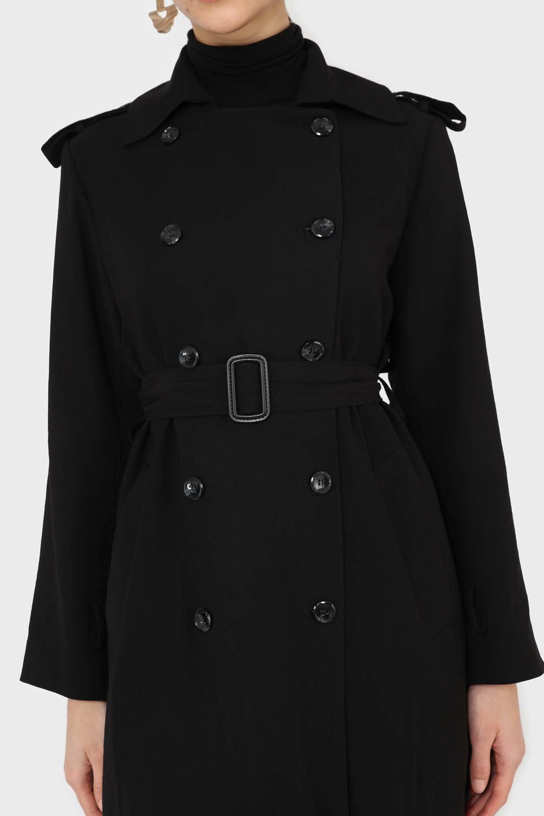 Black soft double breasted belted trench coat_7