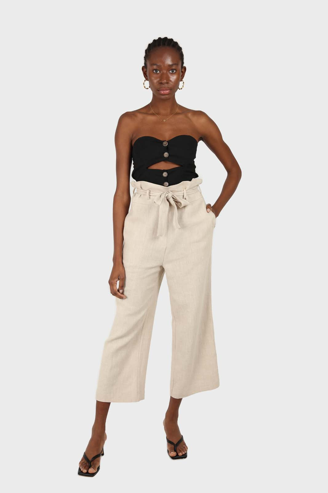 Beige belted wide leg linen trousers_2