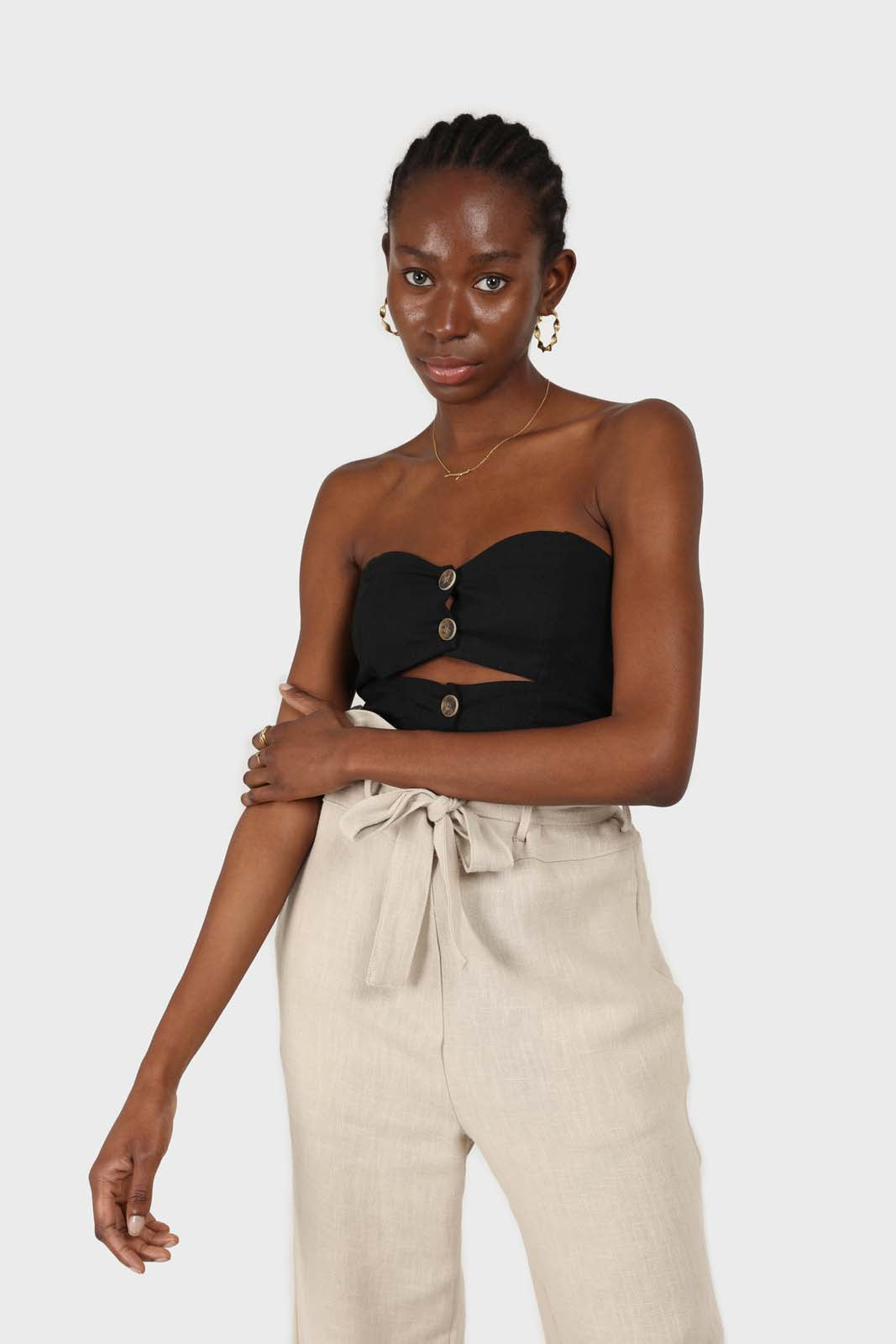 Beige belted wide leg linen trousers_3