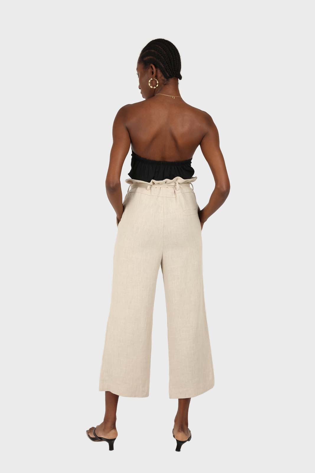 Beige belted wide leg linen trousers_4