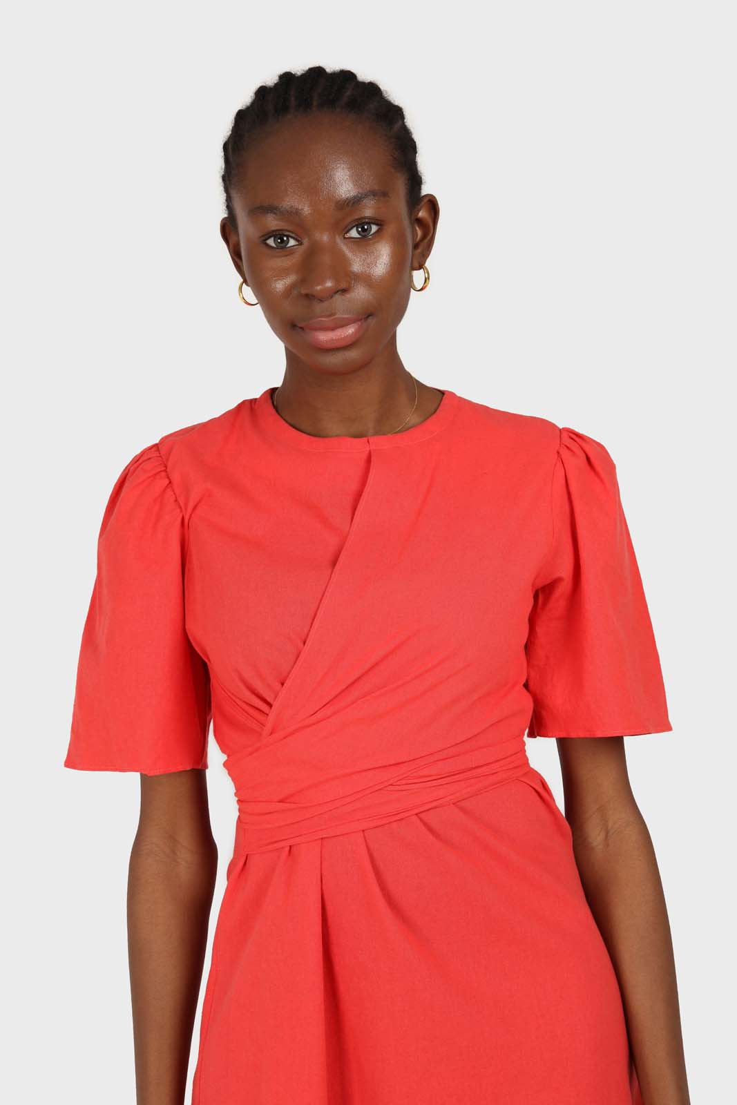 Red tie front short sleeved linen dress_6