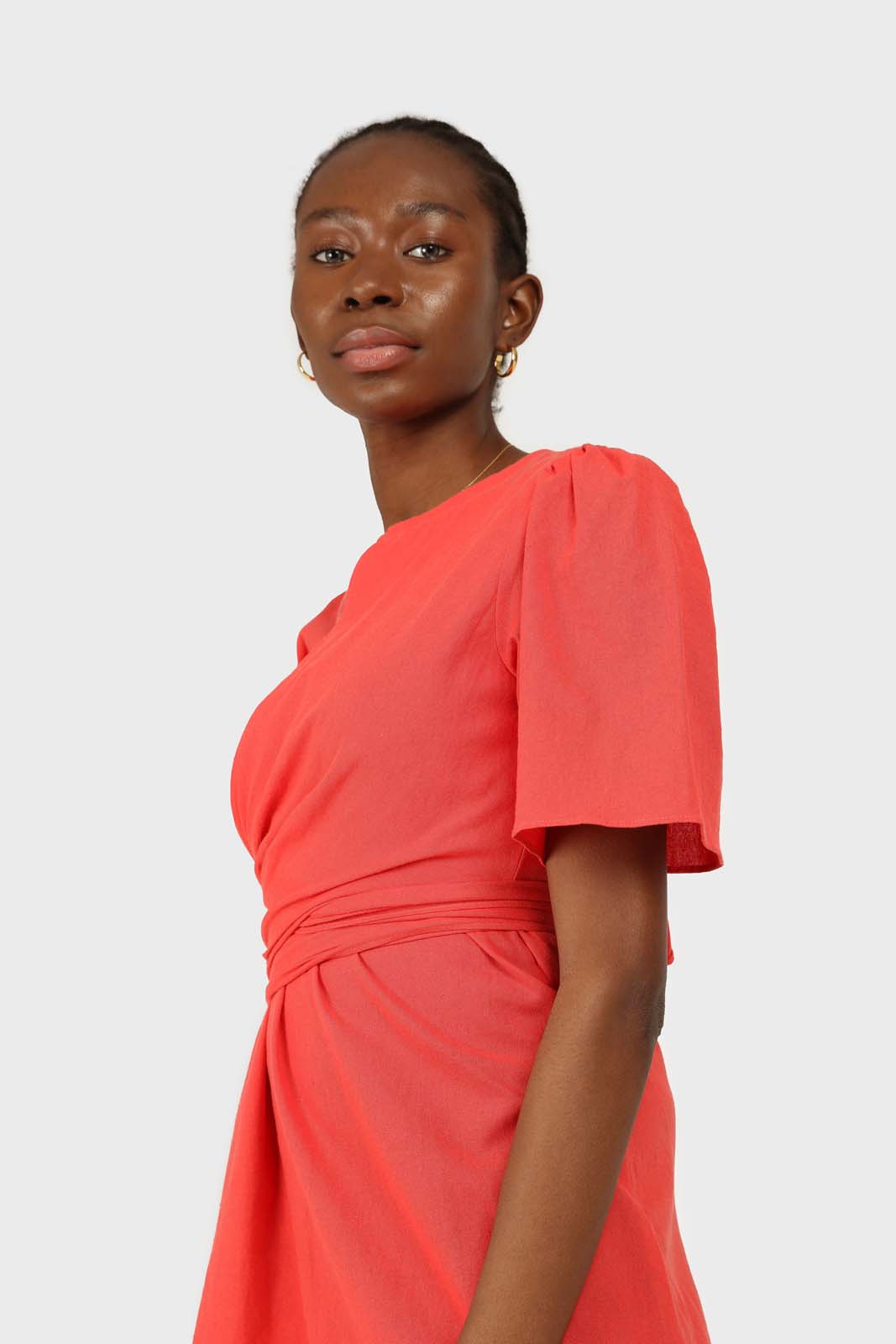 Red tie front short sleeved linen dress_4