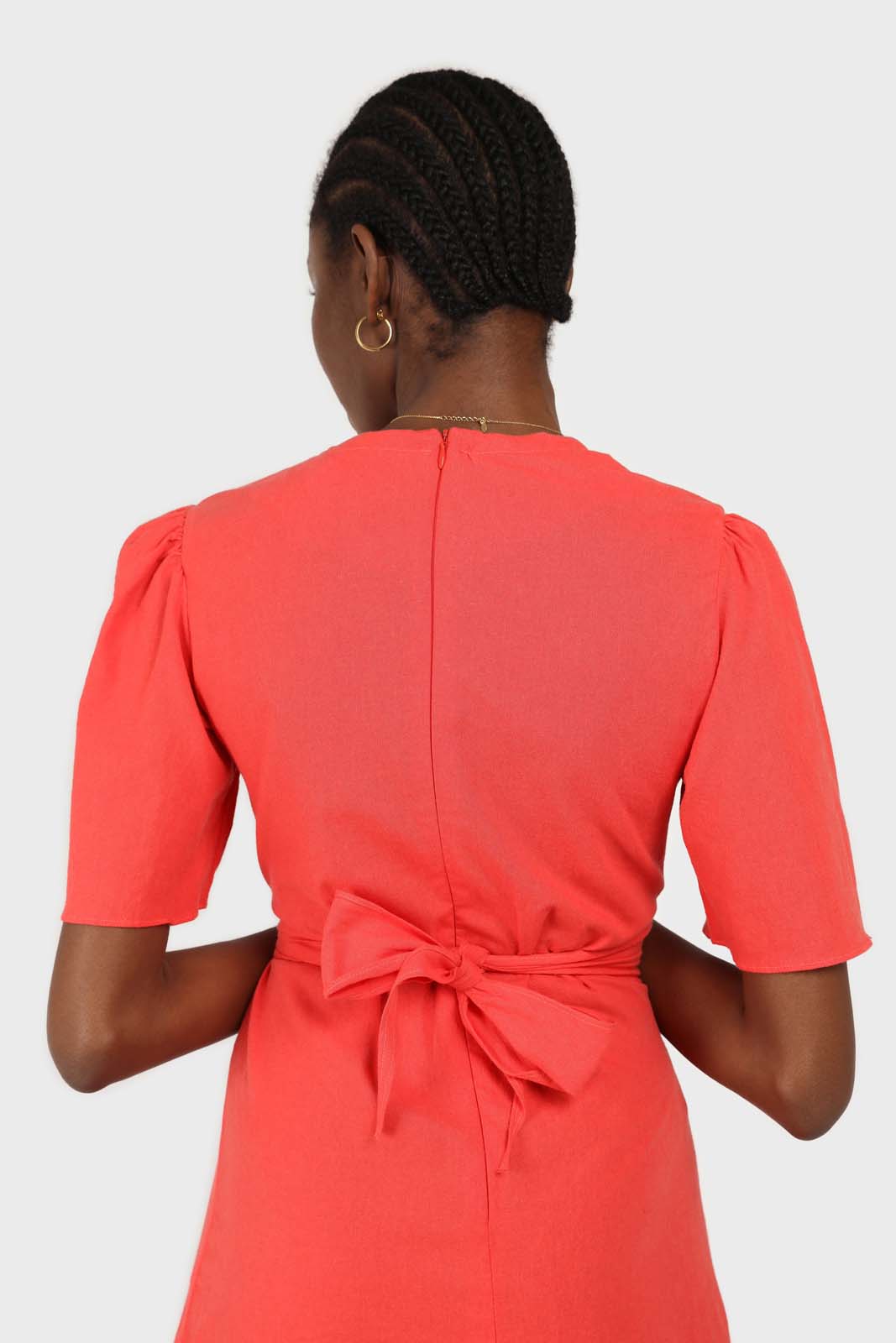 Red tie front short sleeved linen dress_5