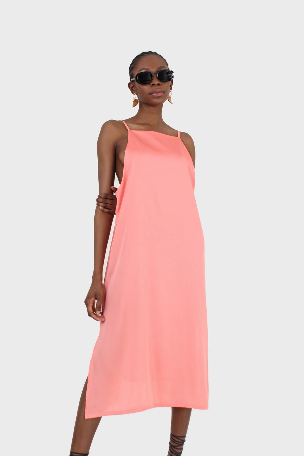 Bright orange thin strap silky maxi dress_5