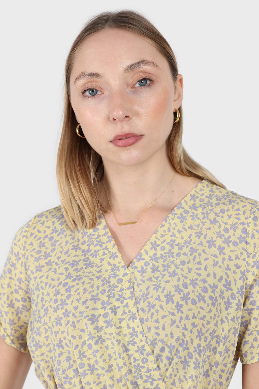 Pale yellow and grey floral V-neck mini dress_6