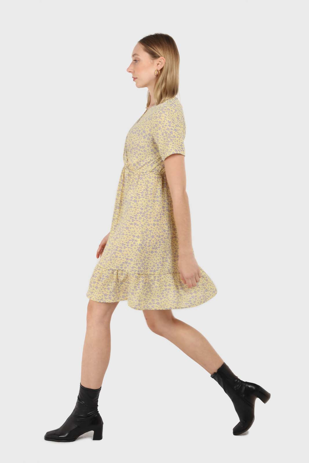 Pale yellow and grey floral V-neck mini dress_4