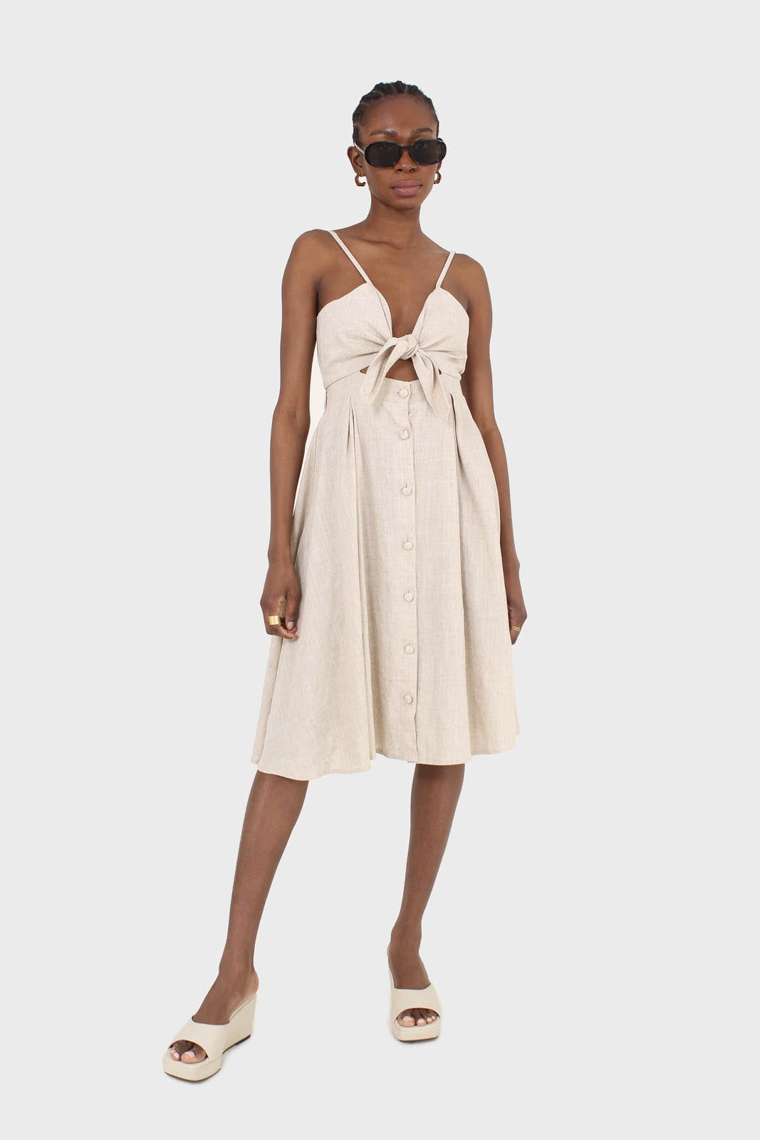 Oatmeal peek tie front linen dress_1