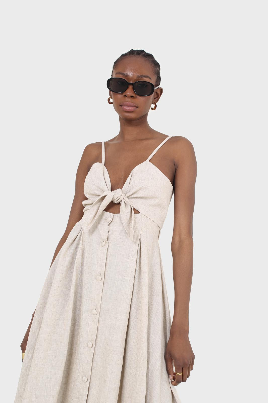 Oatmeal peek tie front linen dress_8