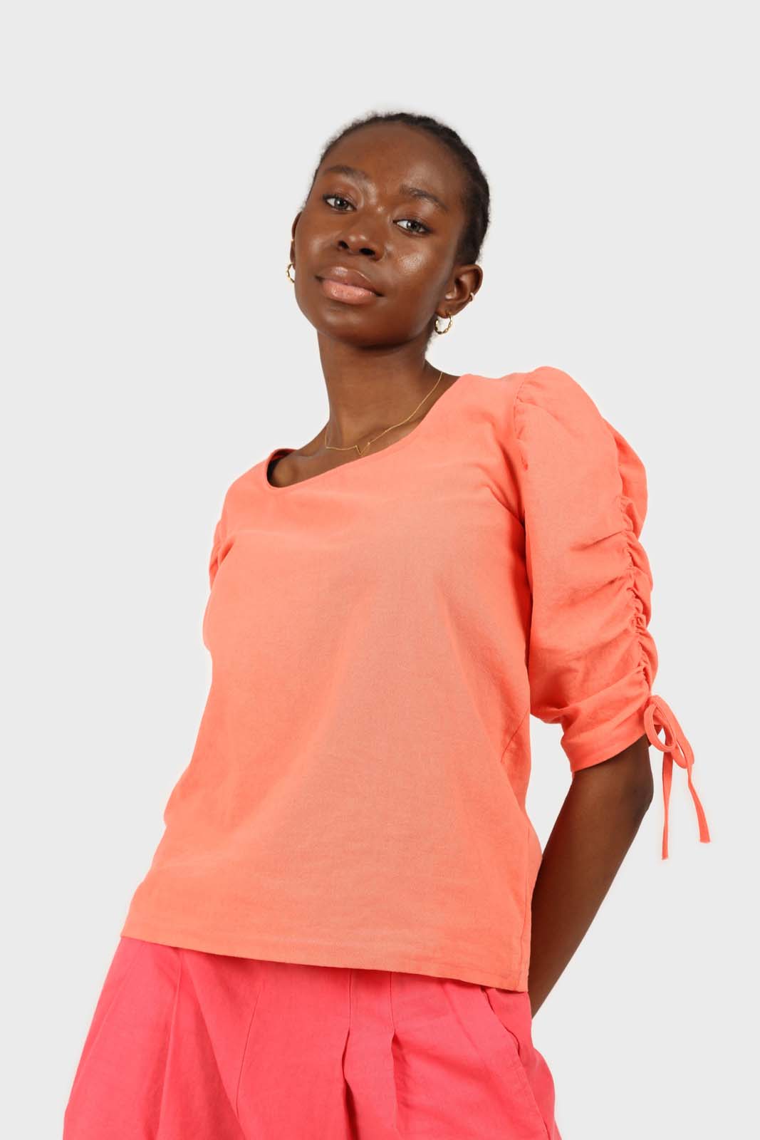 Orange pull string sleeve linen top_1