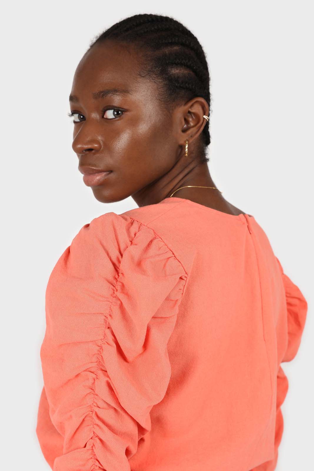 Orange pull string sleeve linen top_2