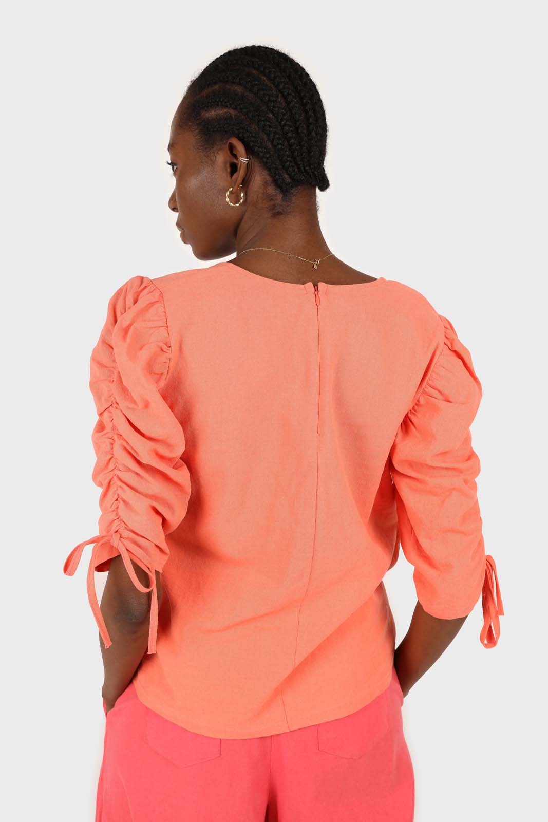 Orange pull string sleeve linen top_4