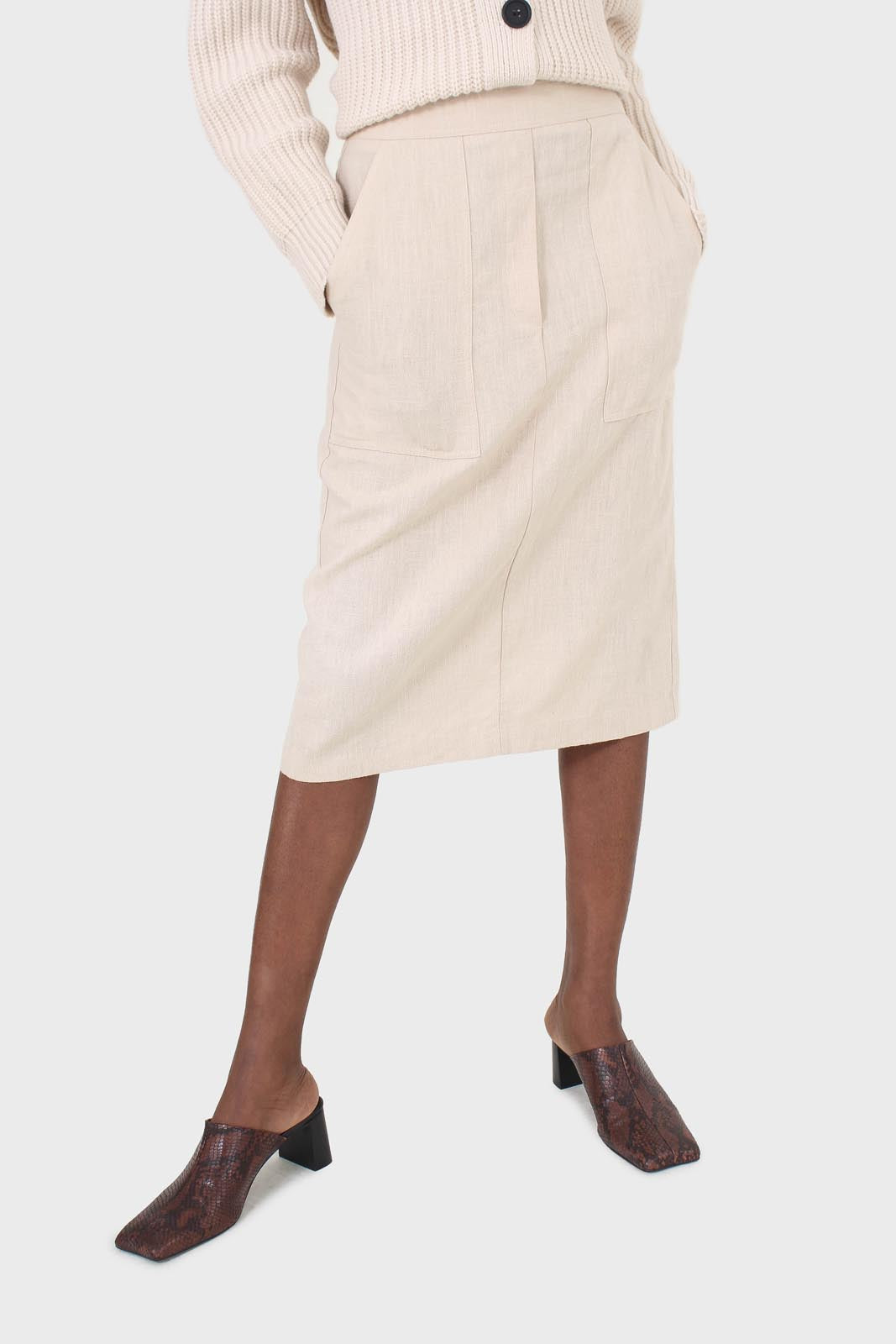 Beige patch pocket linen midi skirt_2