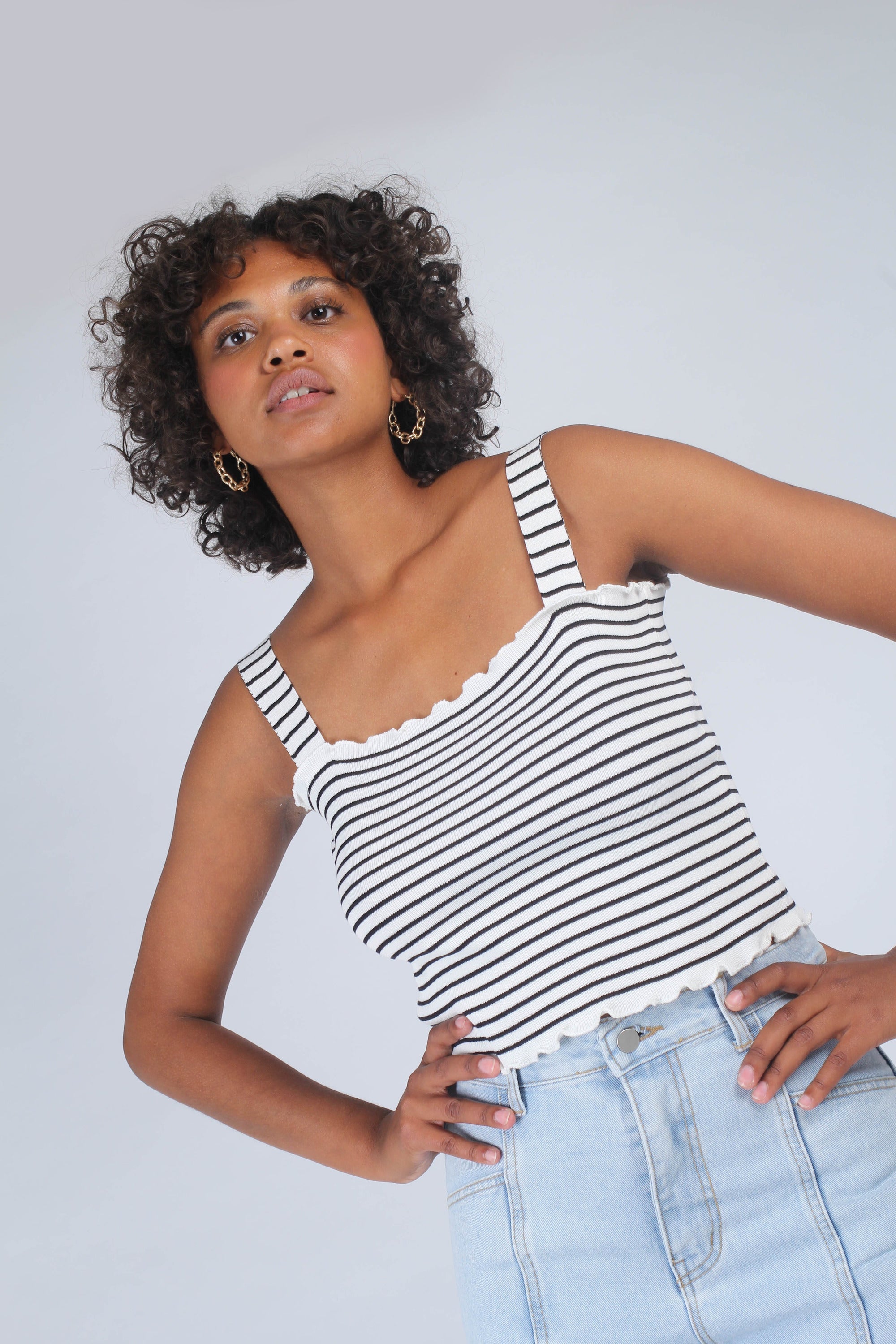 Ivory and black striped frill trim knit tank_1