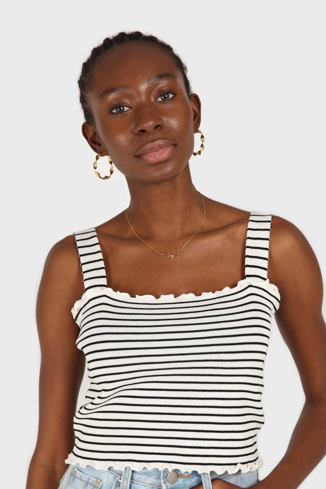 Ivory and black striped frill trim knit tank_9