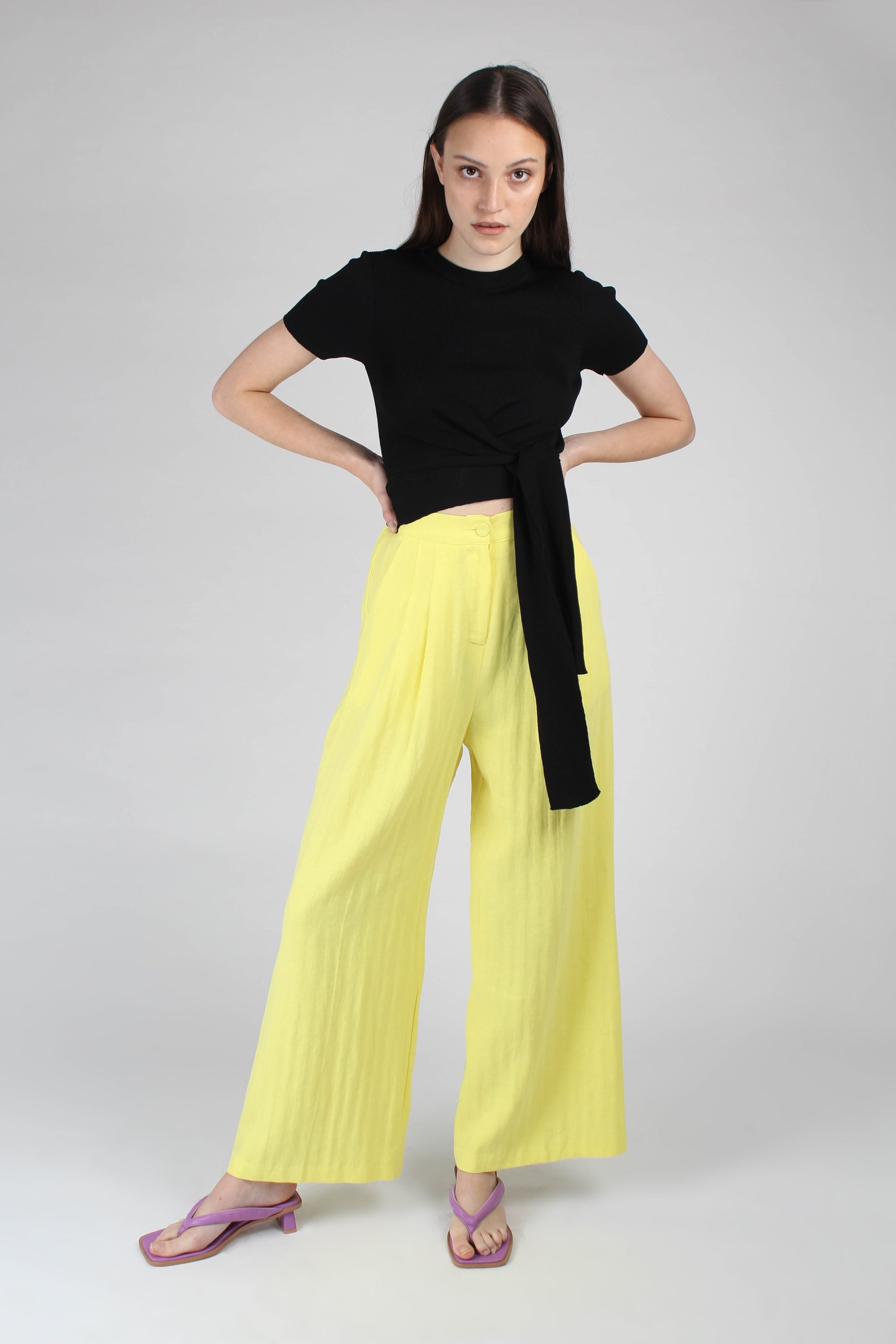 Bright yellow herringbone linen wide trousers_1