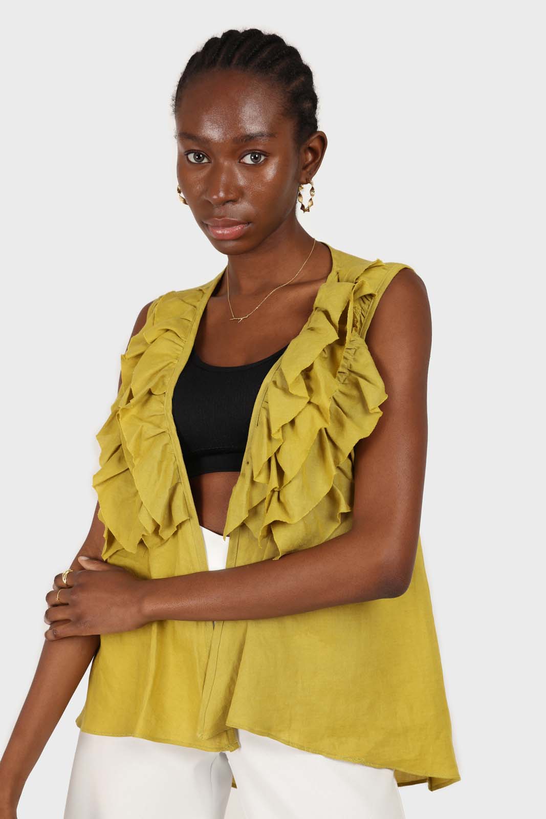 Green linen layered ruffle sleeveless wrap top_1