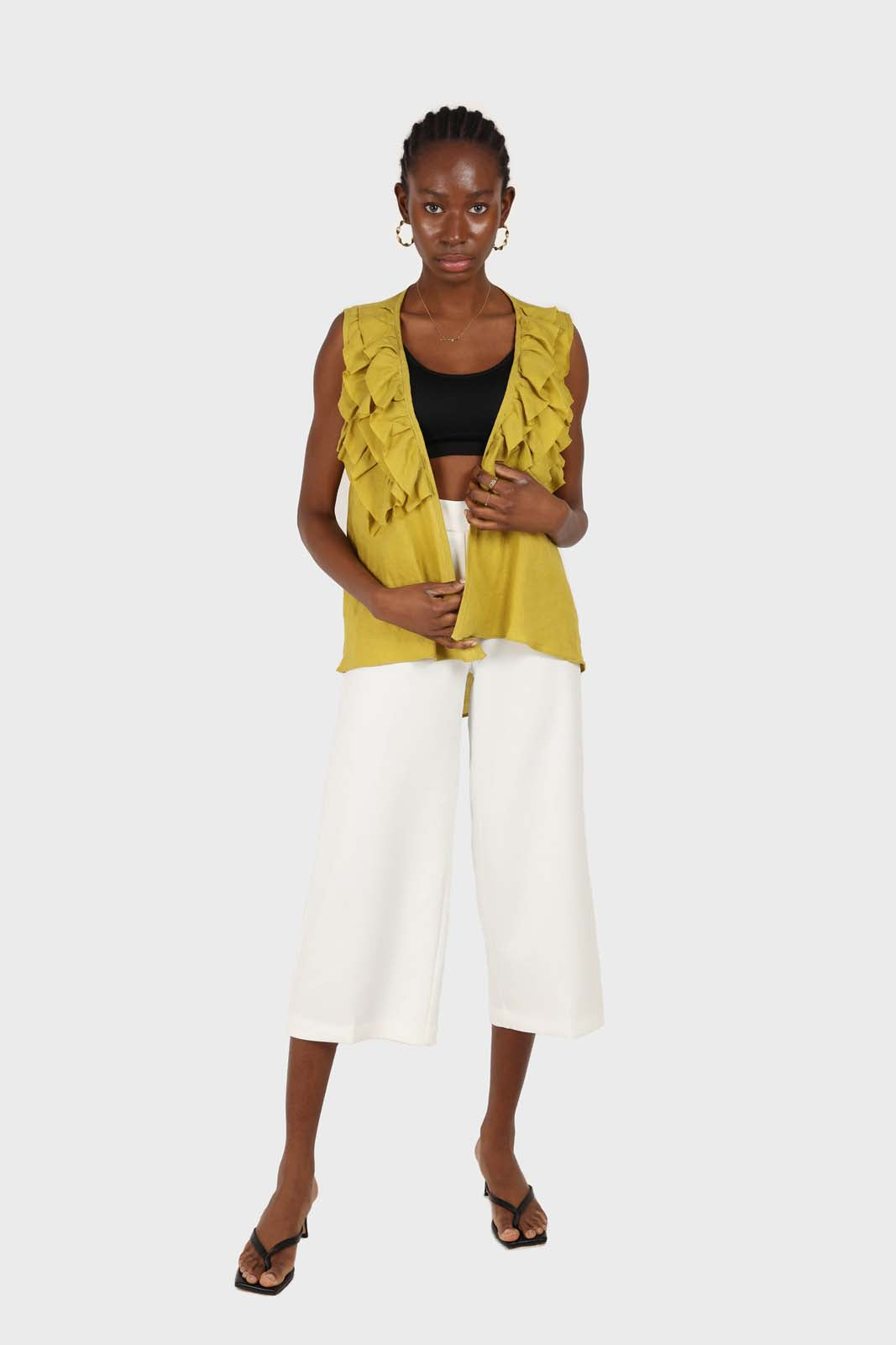 Green linen layered ruffle sleeveless wrap top_2