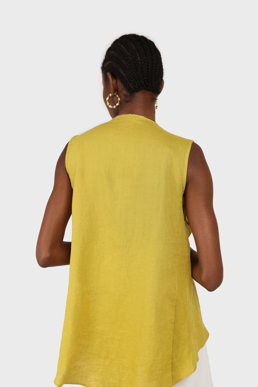Green linen layered ruffle sleeveless wrap top_6