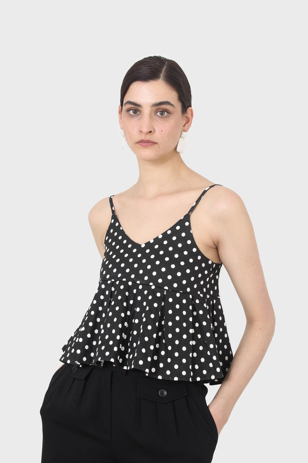 Black and white polka dot spaghetti strap tank_8