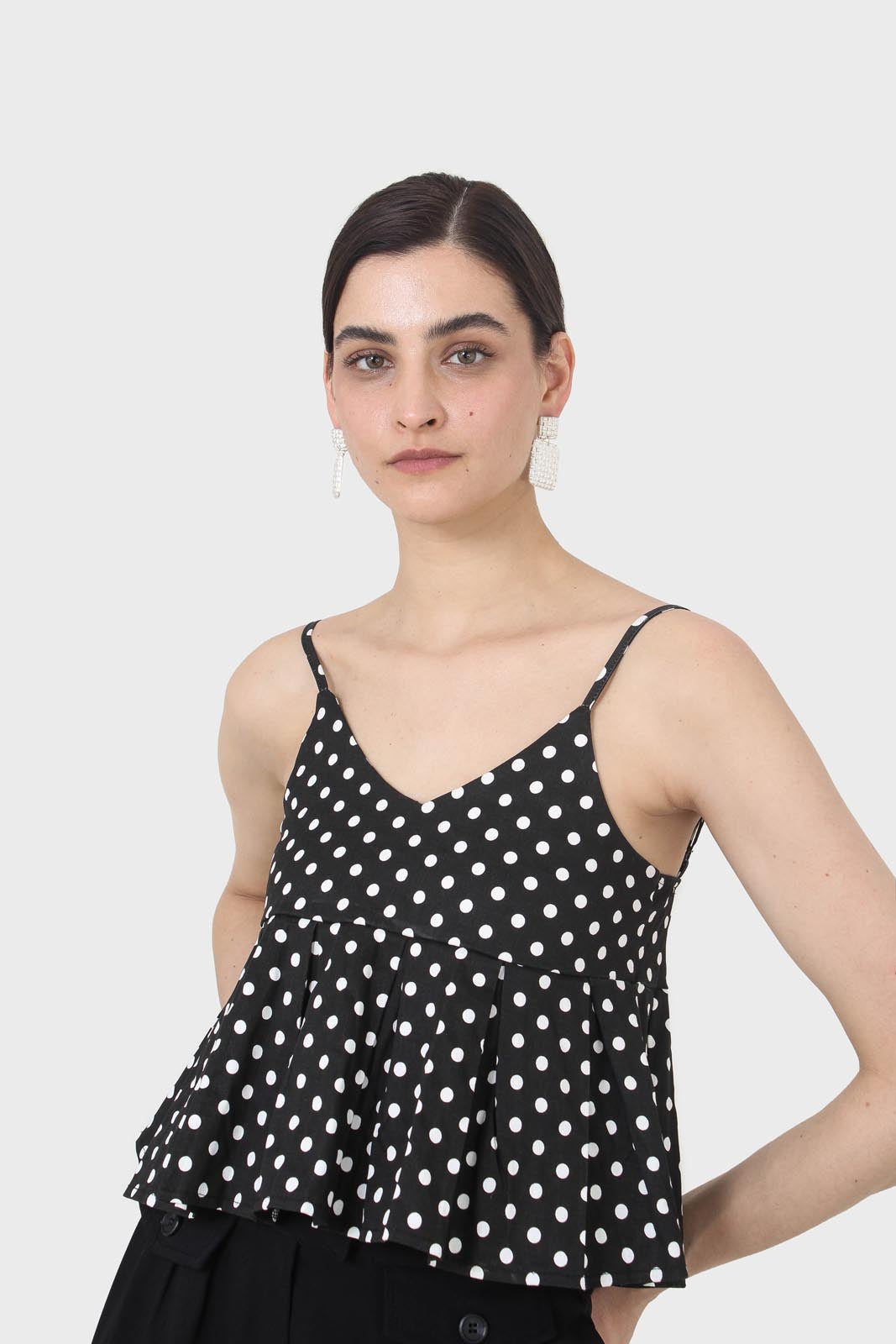 Black and white polka dot spaghetti strap tank_1