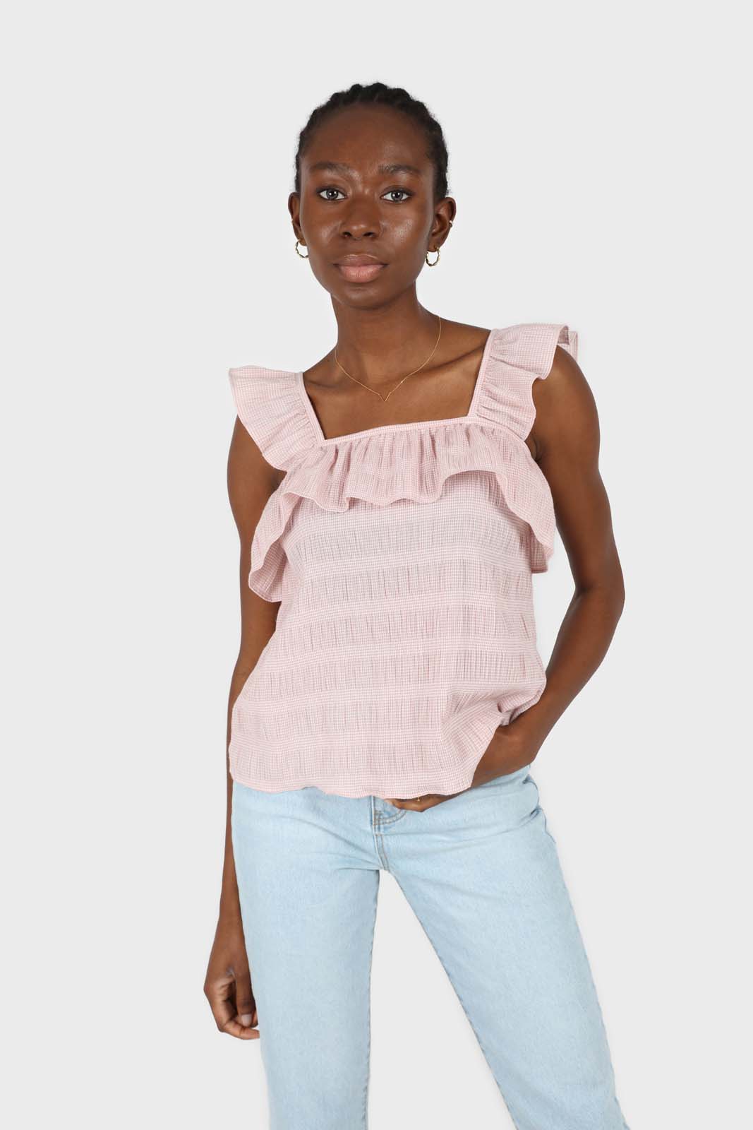 Pink seersucker gingham ruffle trim tank_1