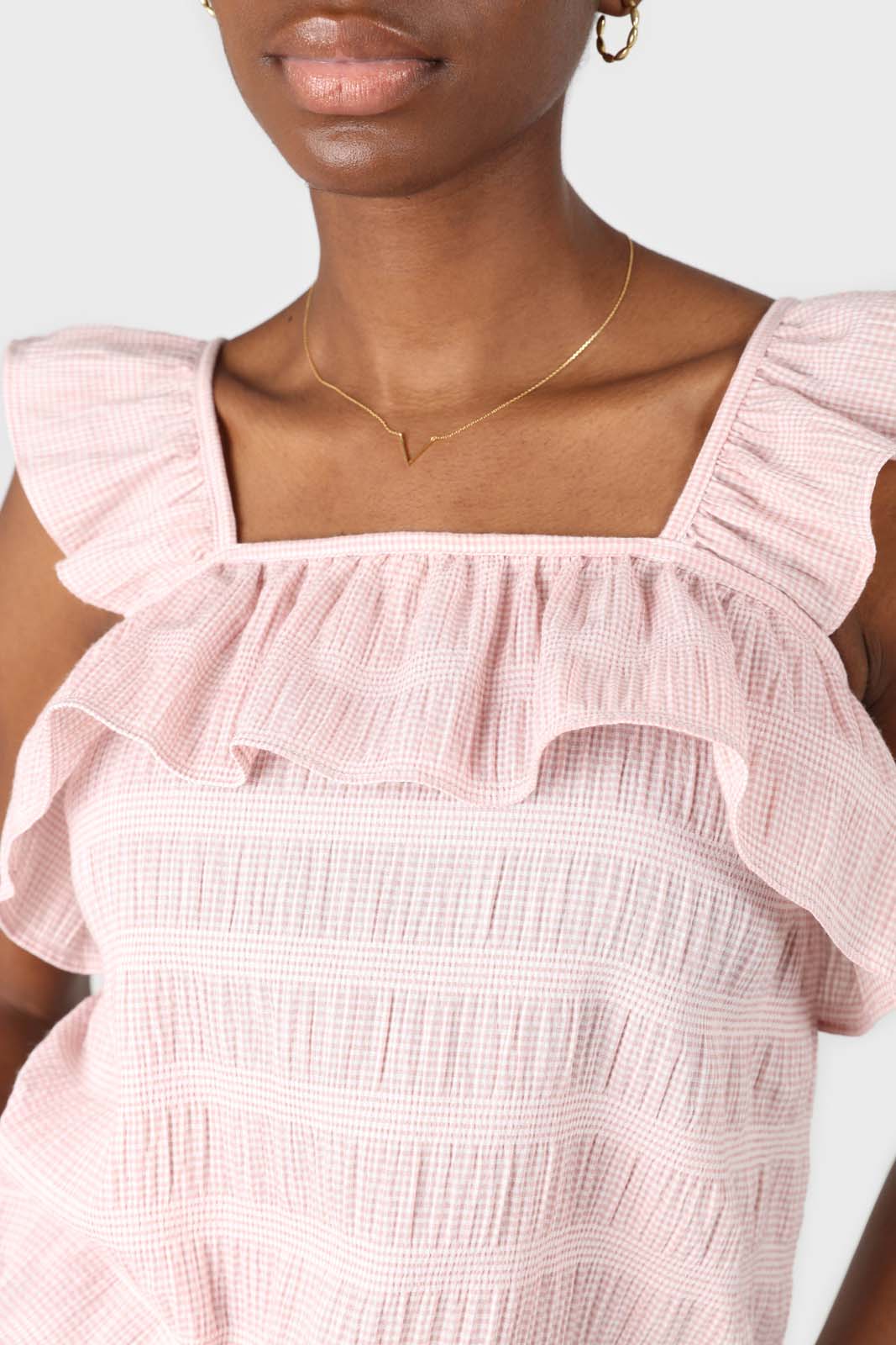 Pink seersucker gingham ruffle trim tank_2
