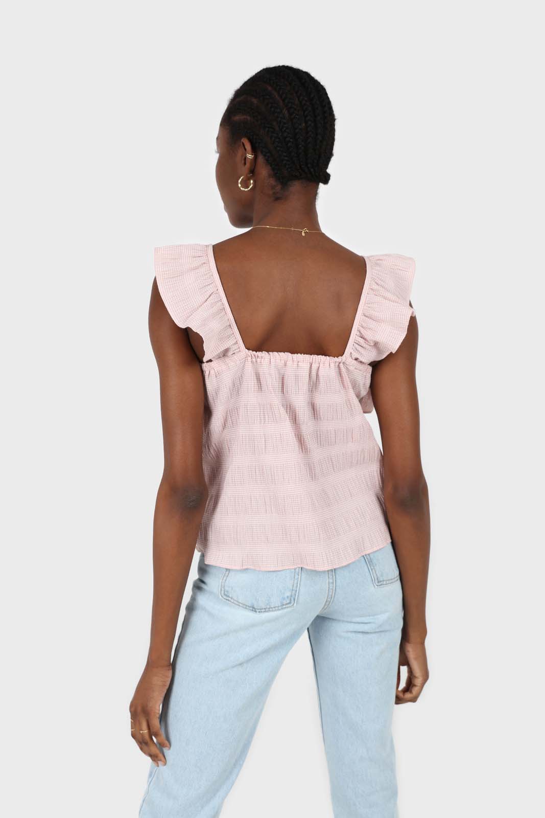 Pink seersucker gingham ruffle trim tank_3