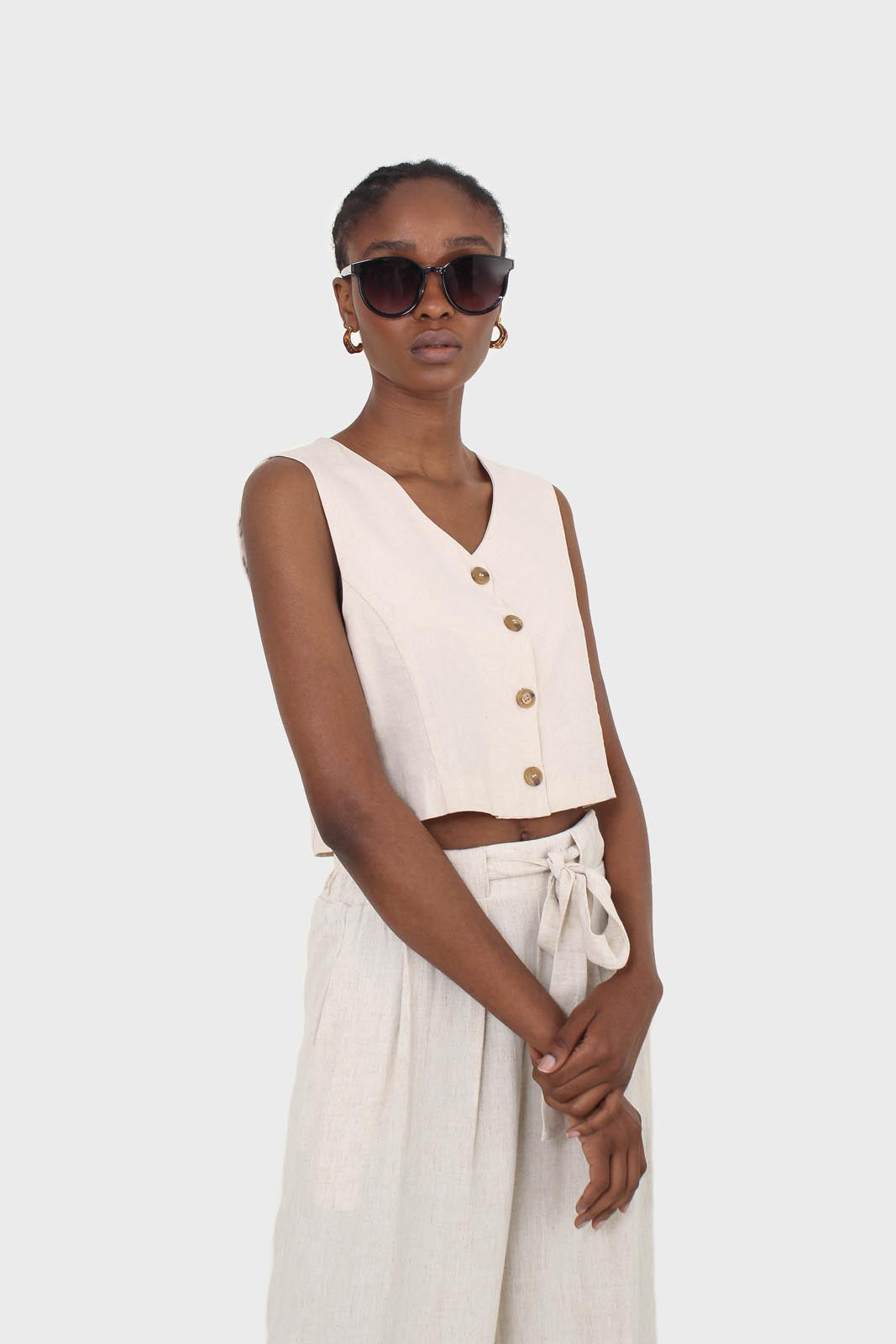 Beige button front linen vest_1