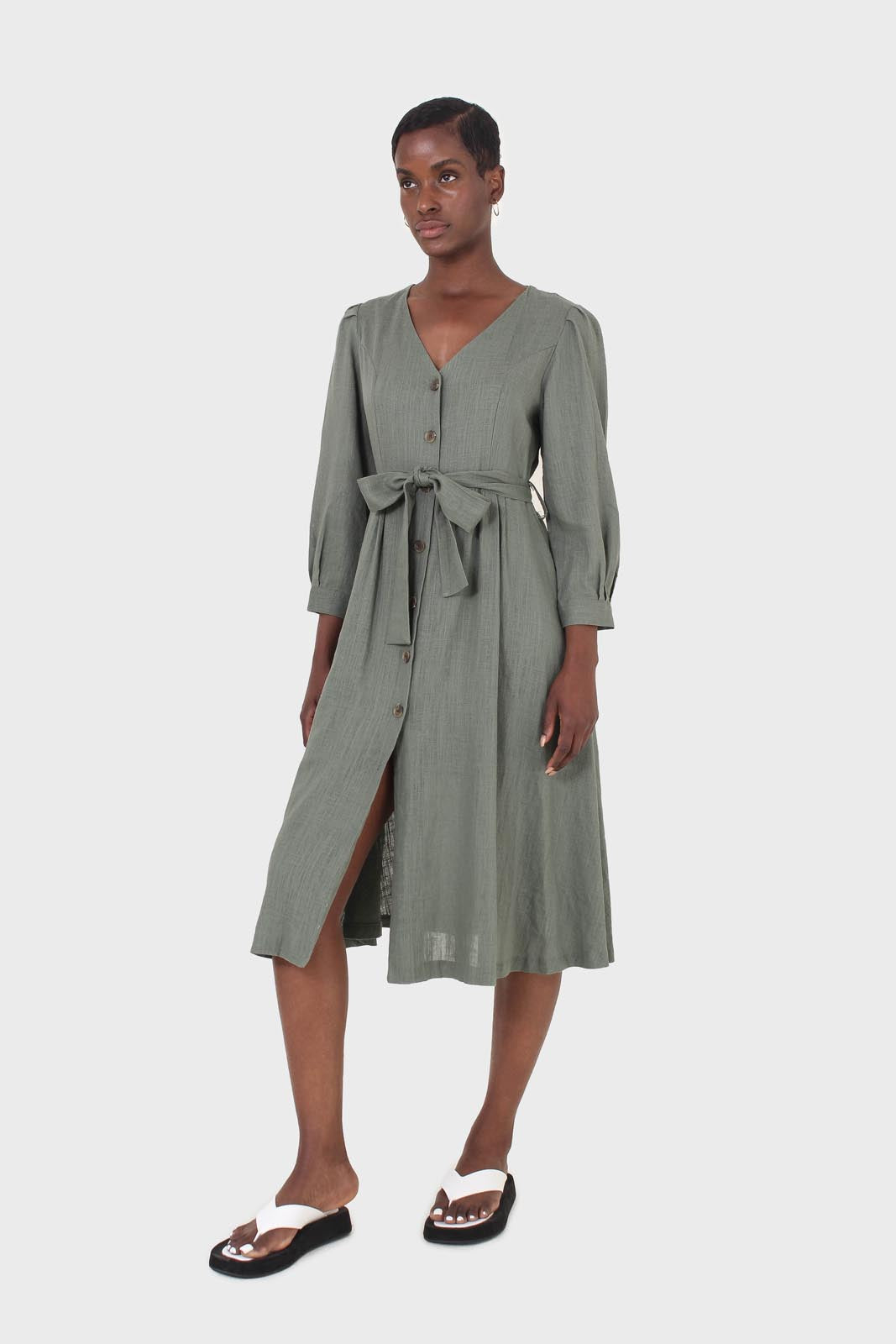 Khaki V-neck button front belted linen dress_3