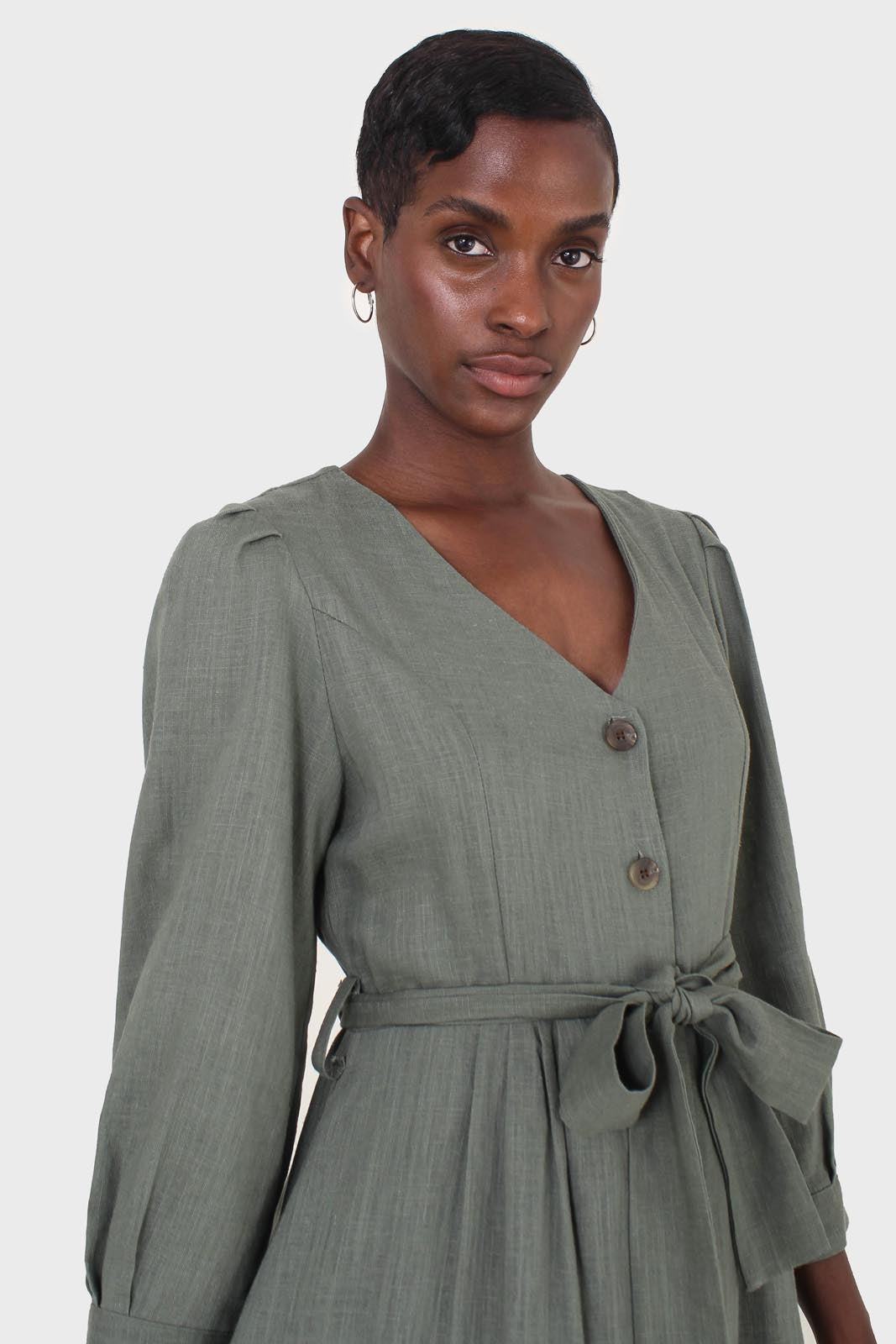 Khaki V-neck button front belted linen dress_10
