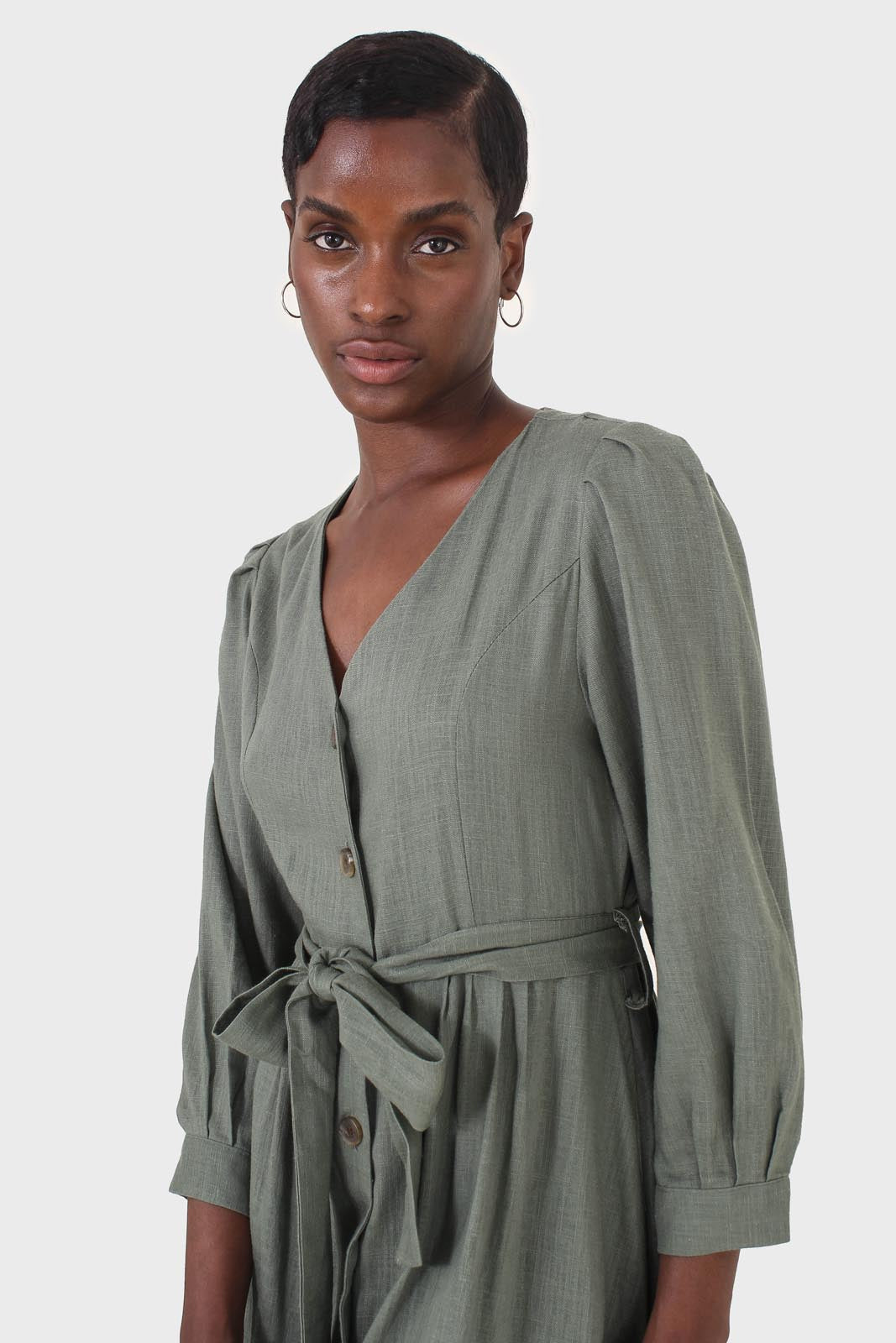 Khaki V-neck button front belted linen dress_11