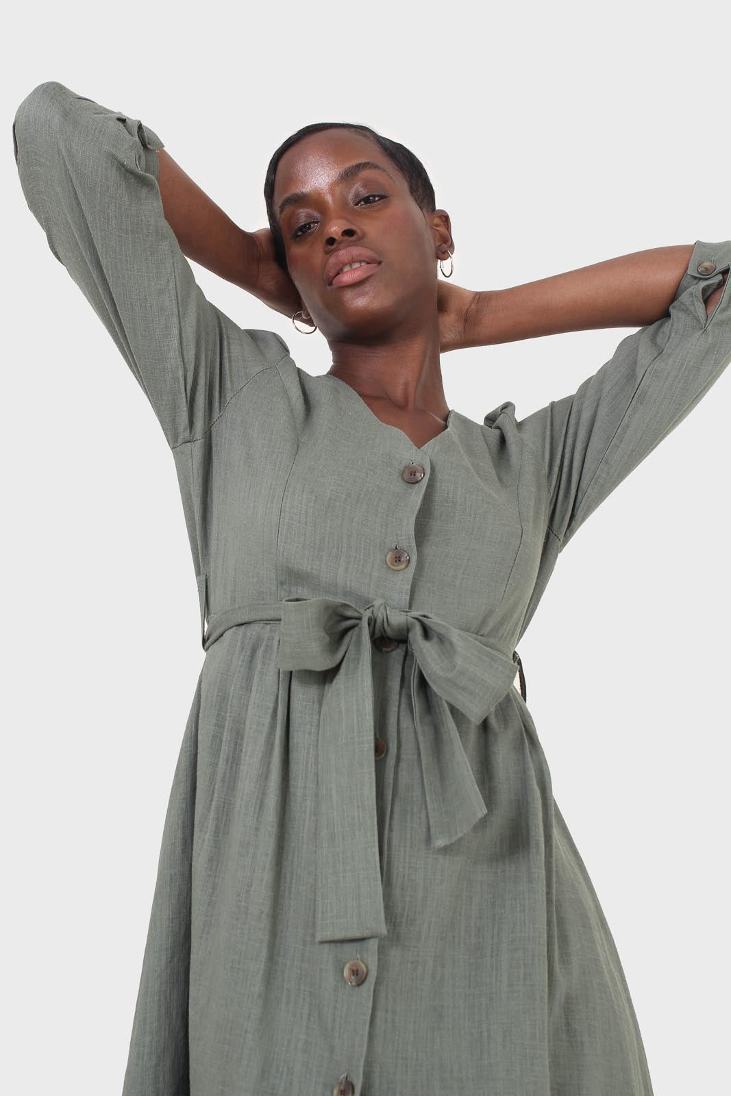 Khaki V-neck button front belted linen dress_4