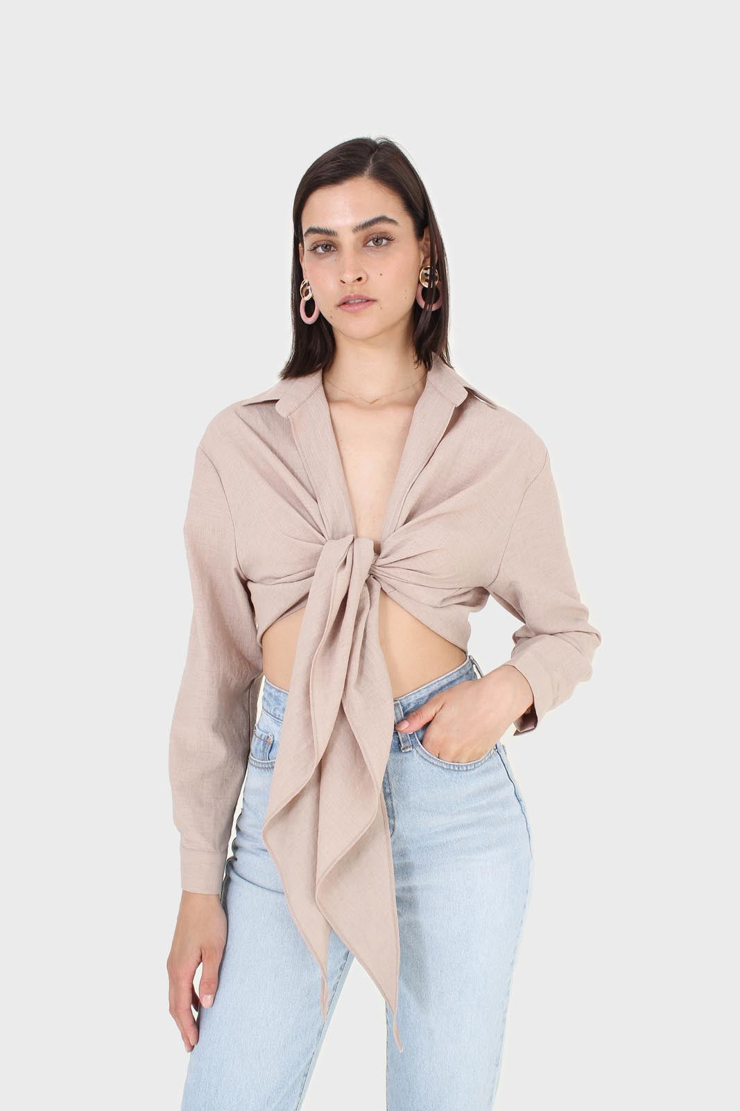 Beige linen plunging tie front shirt_4