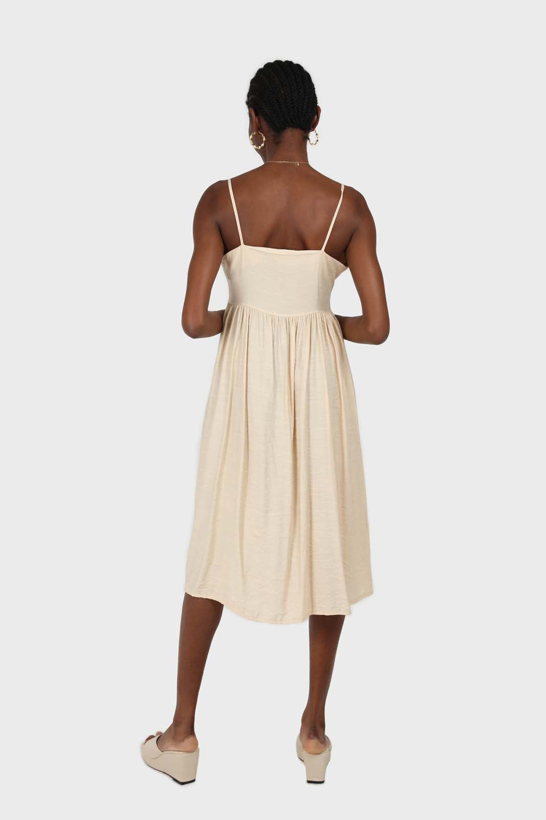 Beige button up thin strap dress_3